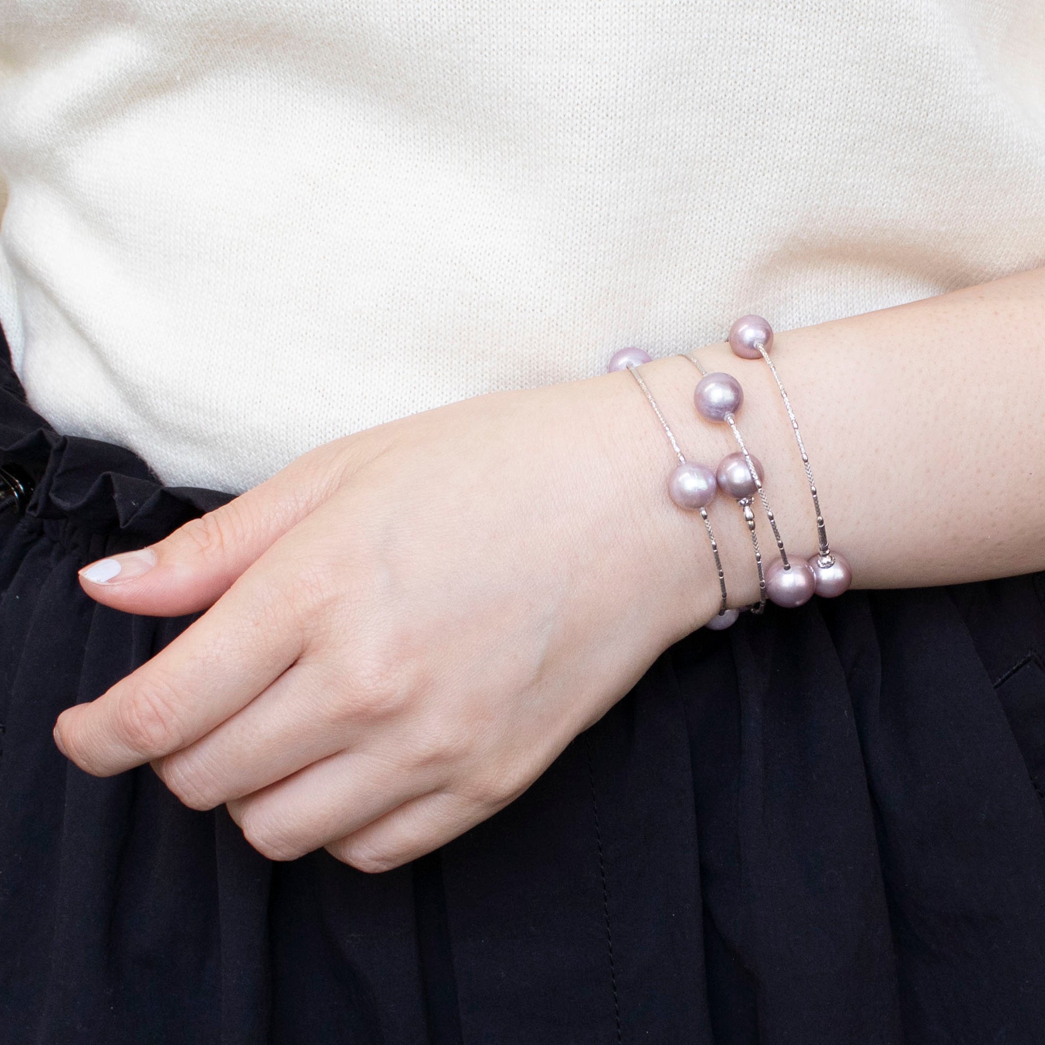 パール K18ブレスレット(淡水真珠/9mm・10mm/パープル系/形状記憶/フリーサイズ/6月誕生石)《25H01105》