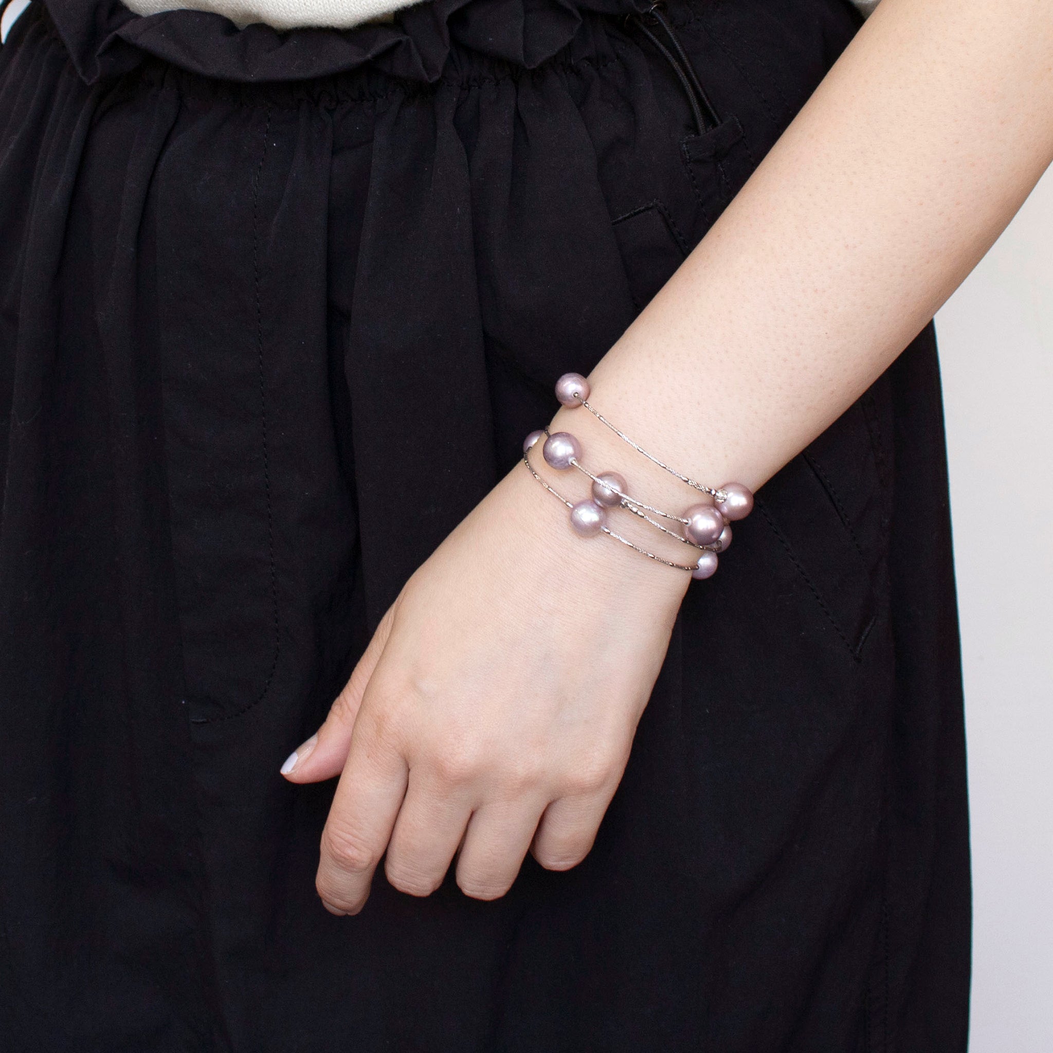 パール K18ブレスレット(淡水真珠/9mm・10mm/パープル系/形状記憶/フリーサイズ/6月誕生石)《25H01105》