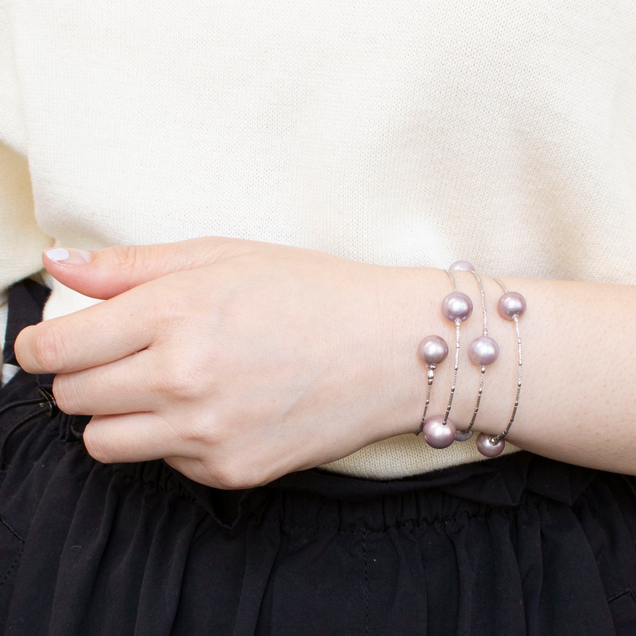 パール K18ブレスレット(淡水真珠/9mm・10mm/パープル系/形状記憶/フリーサイズ/6月誕生石)《25H01105》