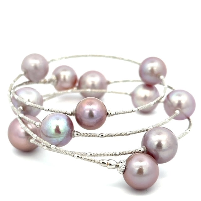 パール K18ブレスレット(淡水真珠/9mm・10mm/パープル系/形状記憶/フリーサイズ/6月誕生石)《25H01105》