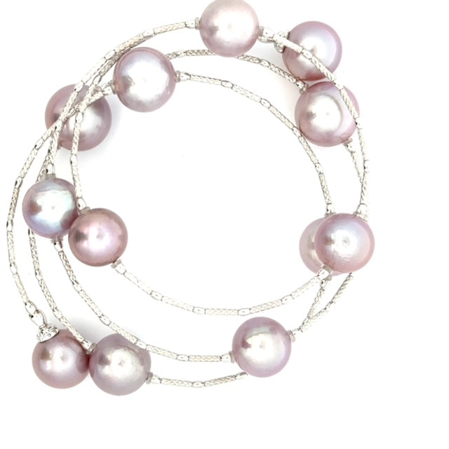 パール K18ブレスレット(淡水真珠/9mm・10mm/パープル系/形状記憶/フリーサイズ/6月誕生石)《25H01105》