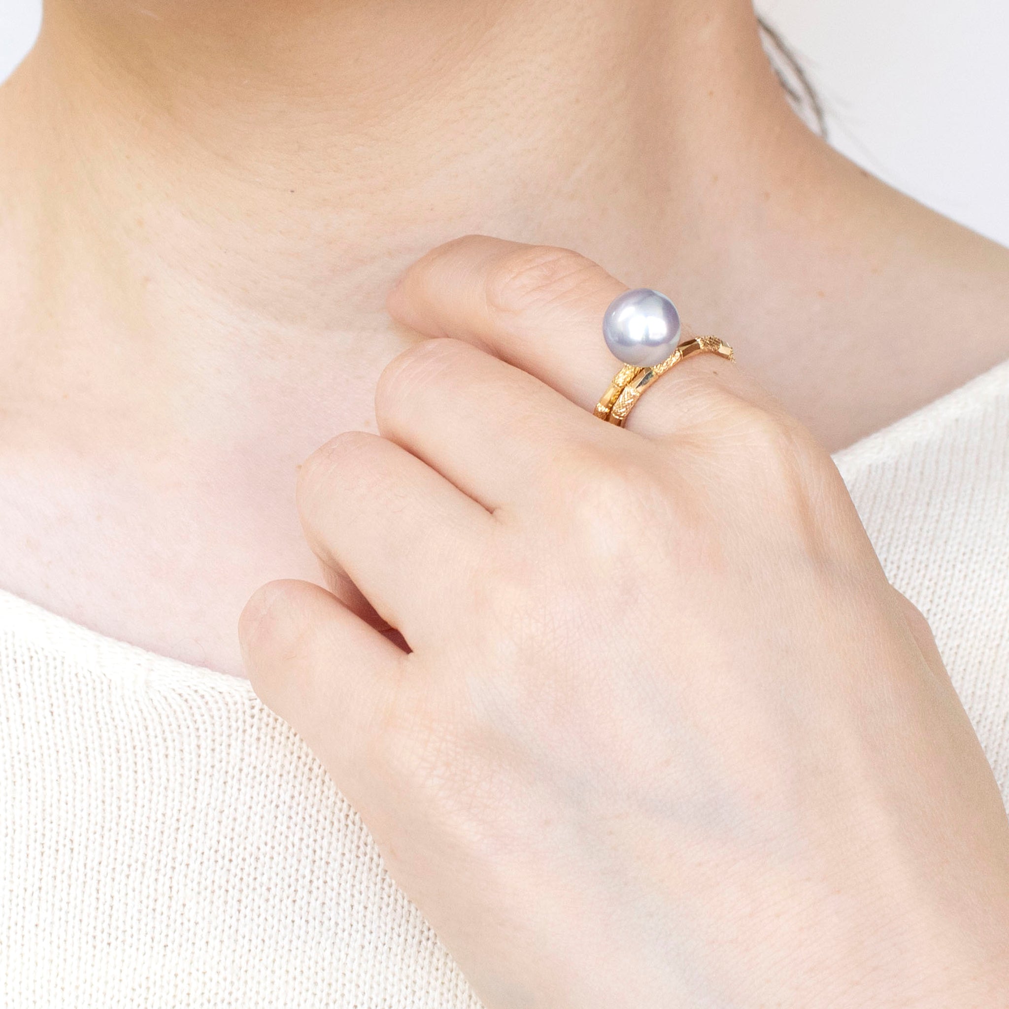 パール K18リング(アコヤ真珠/9mm/ナチュラルブルー/形状記憶/フリーサイズ/6月誕生石)《25H01605》