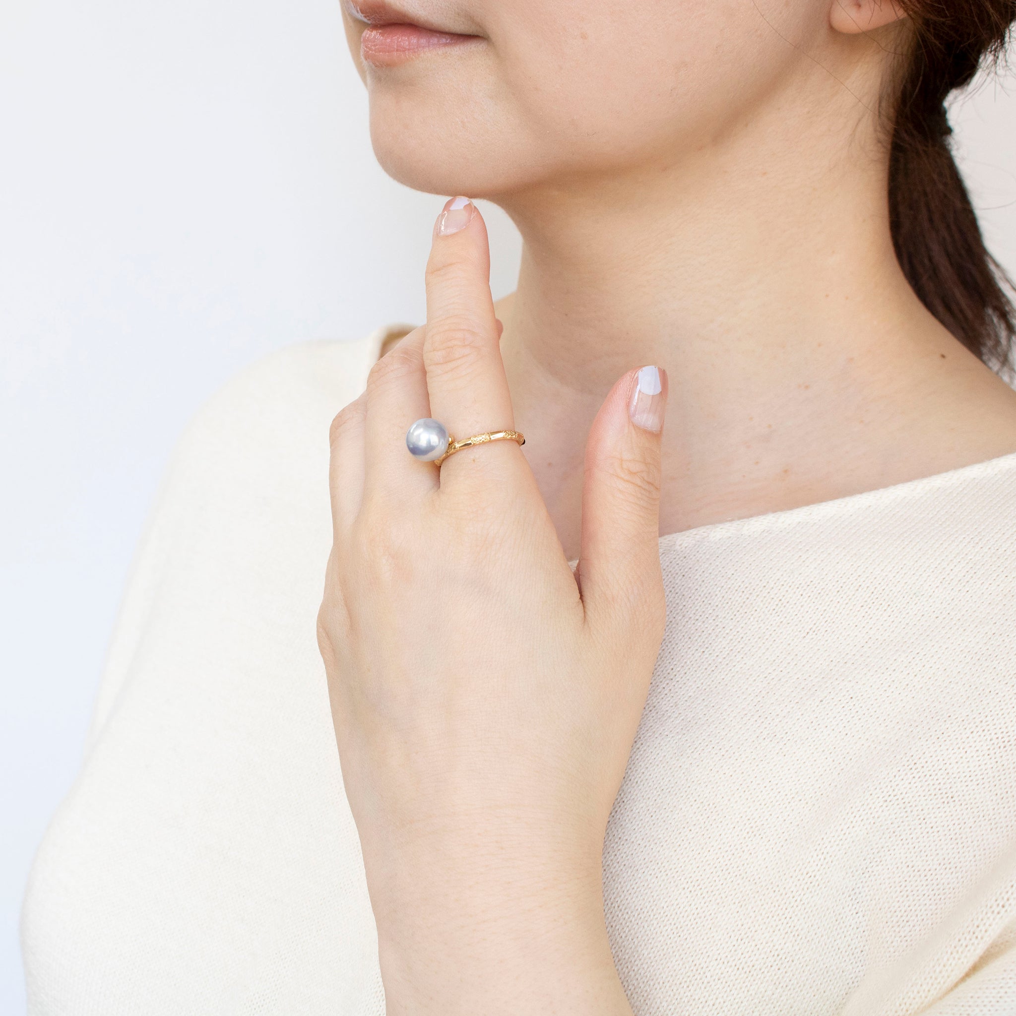 パール K18リング(アコヤ真珠/9mm/ナチュラルブルー/形状記憶/フリーサイズ/6月誕生石)《25H01605》