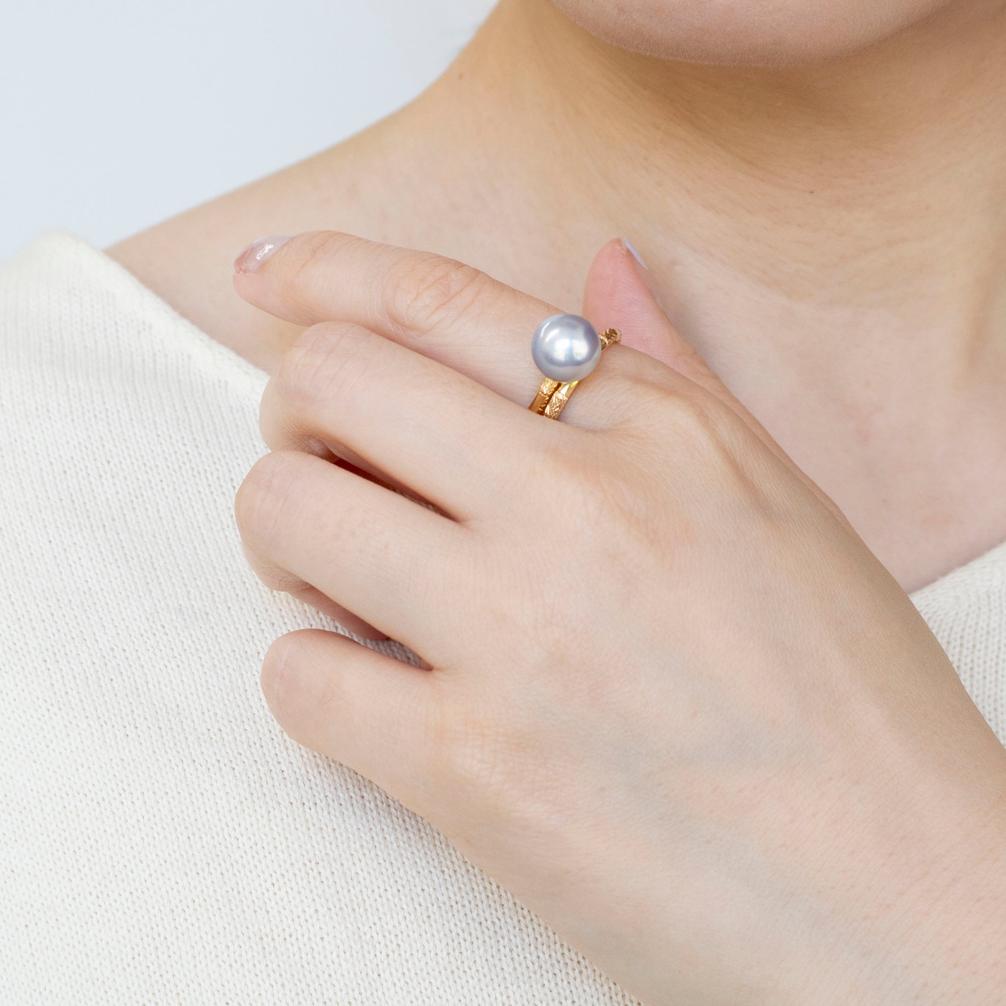 パール K18リング(アコヤ真珠/9mm/ナチュラルブルー/形状記憶/フリーサイズ/6月誕生石)《25H01605》