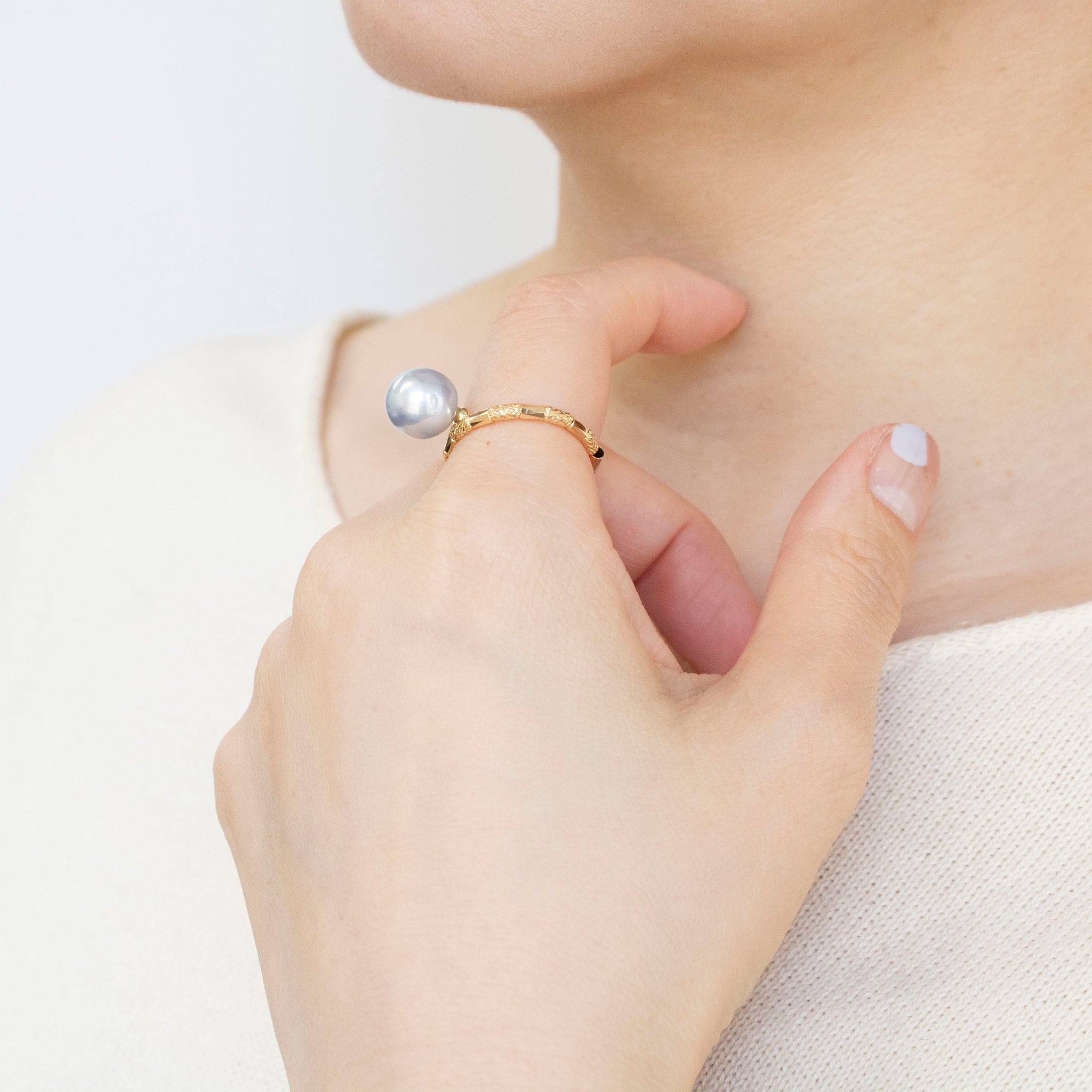 パール K18リング(アコヤ真珠/9mm/ナチュラルブルー/形状記憶/フリーサイズ/6月誕生石)《25H01605》