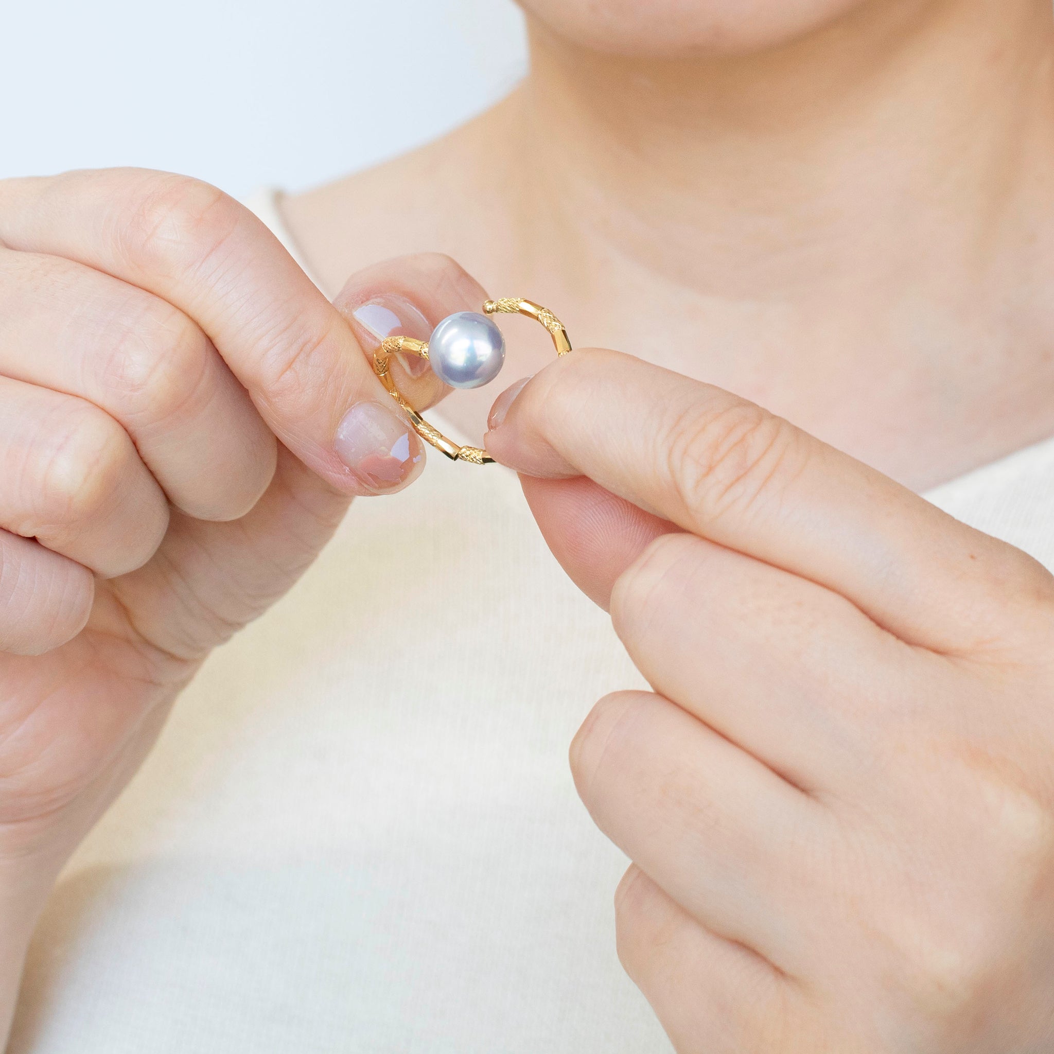 パール K18リング(アコヤ真珠/9mm/ナチュラルブルー/形状記憶/フリーサイズ/6月誕生石)《25H01605》