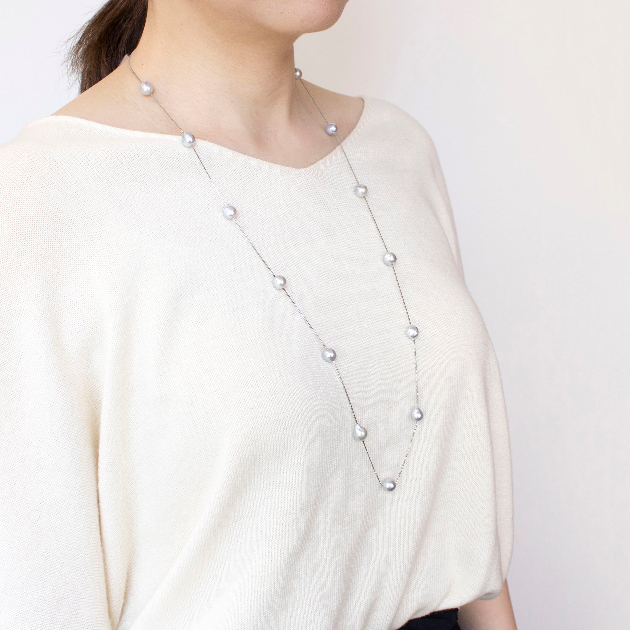 パール プラチナネックレス(アコヤ真珠/8mm/バロック珠/ナチュラルブルー/ロング/80cm/ステーション/3月誕生石)《25H01610》