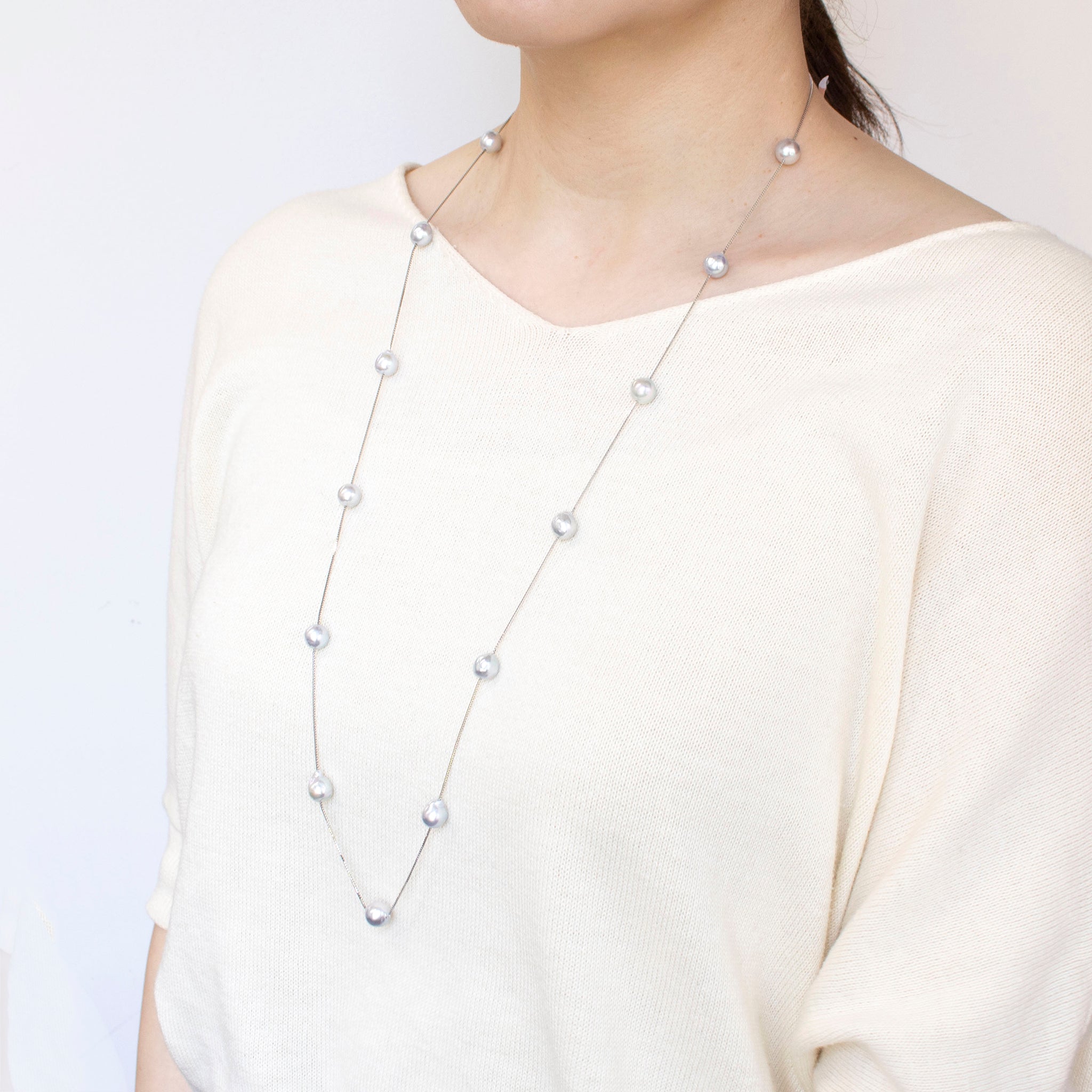 パール プラチナネックレス(アコヤ真珠/8mm/バロック珠/ナチュラルブルー/ロング/80cm/ステーション/3月誕生石)《25H01610》