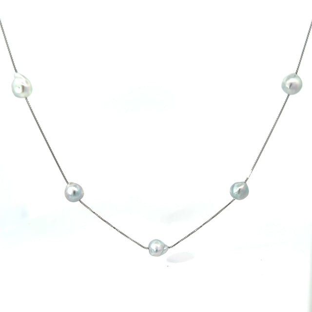 パール プラチナネックレス(アコヤ真珠/8mm/バロック珠/ナチュラルブルー/ロング/80cm/ステーション/3月誕生石)《25H01610》