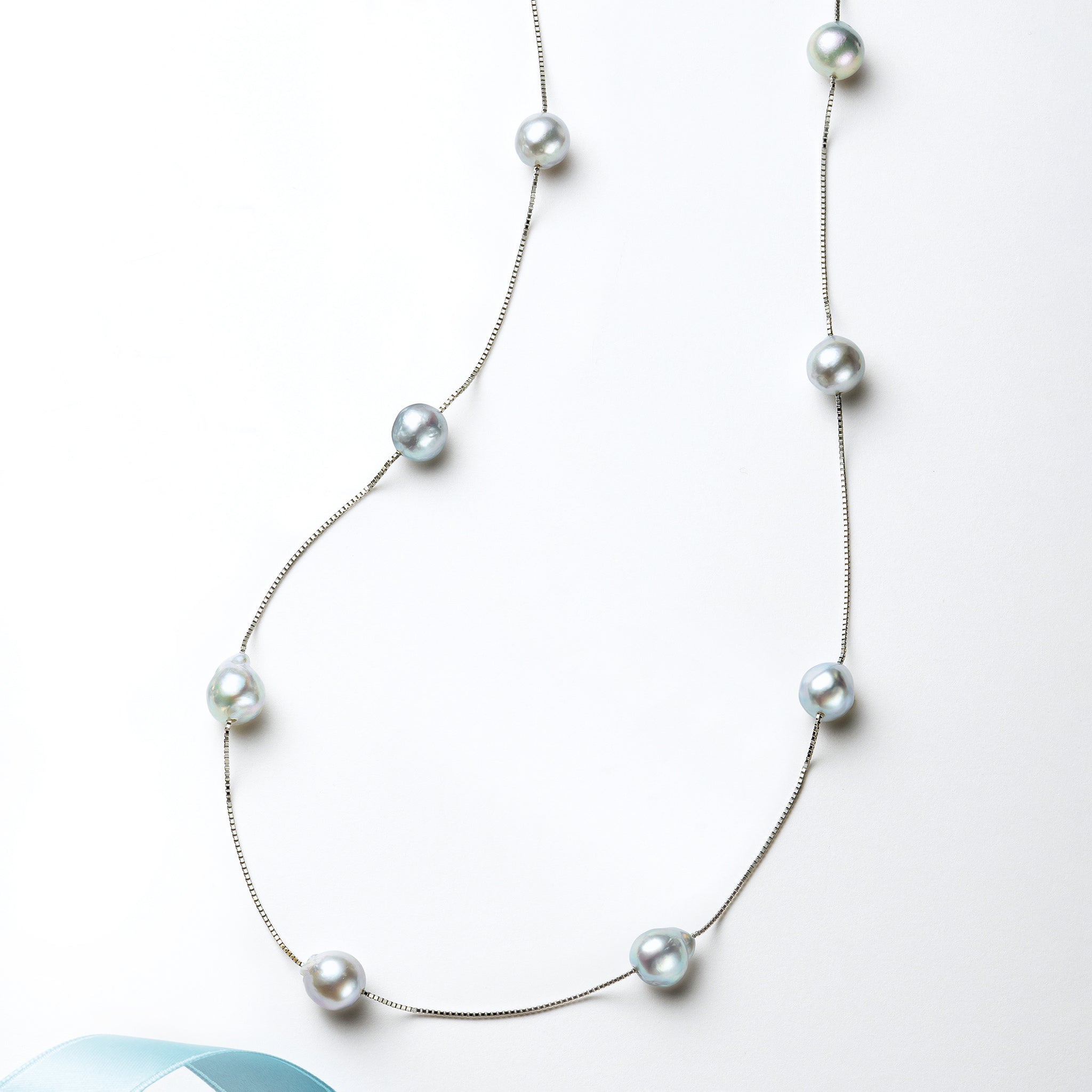 パール プラチナネックレス(アコヤ真珠/8mm/バロック珠/ナチュラルブルー/ロング/80cm/ステーション/3月誕生石)《25H01610》