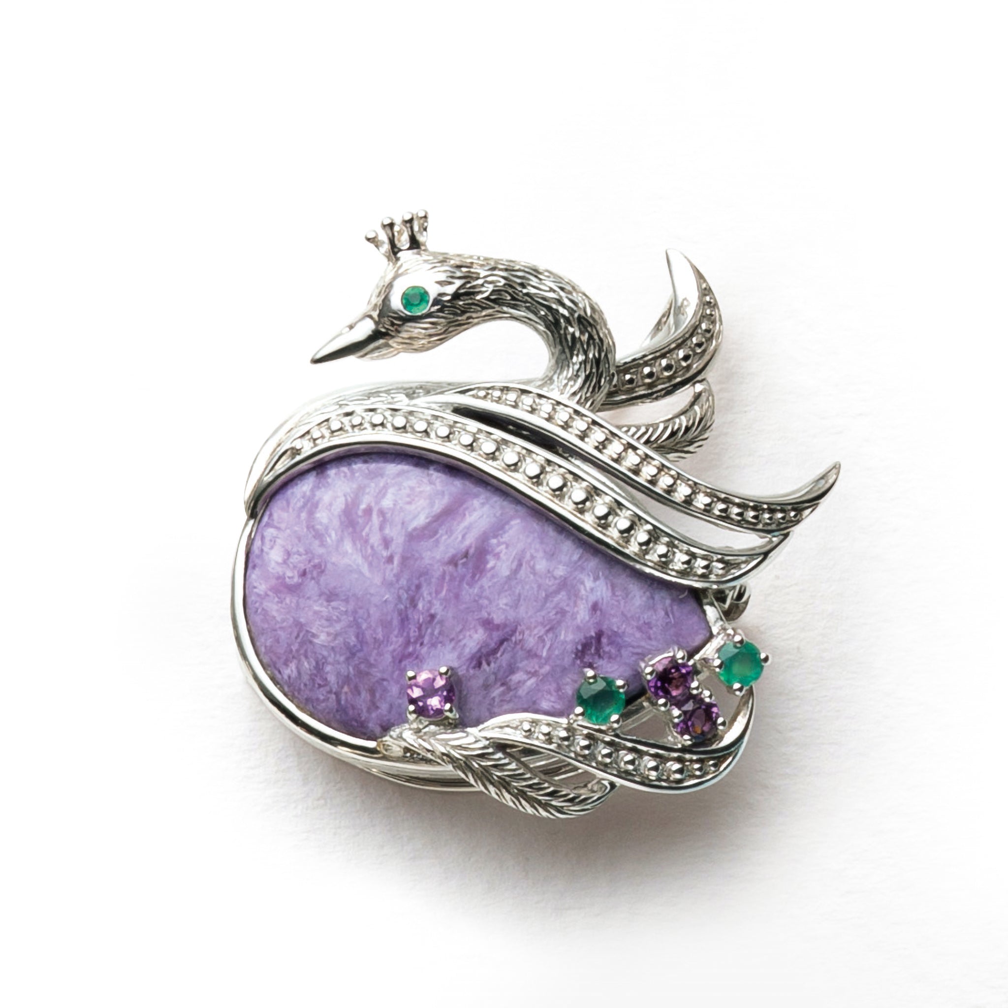 チャロアイト/グリーンカルセドニー シルバーブローチ兼ペンダントトップ(白鳥モチーフ)《25H02405》