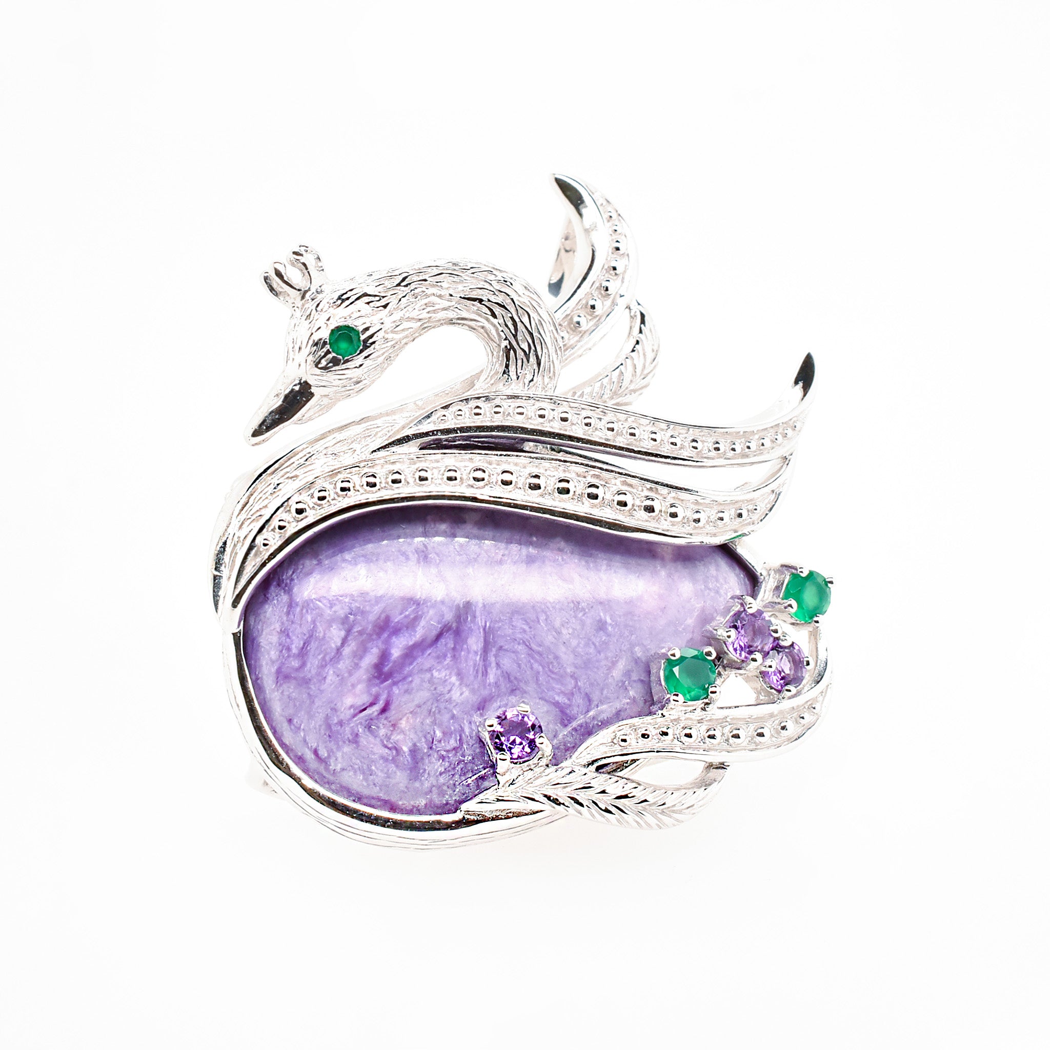 チャロアイト/グリーンカルセドニー シルバーブローチ兼ペンダントトップ(白鳥モチーフ)《25H02405》