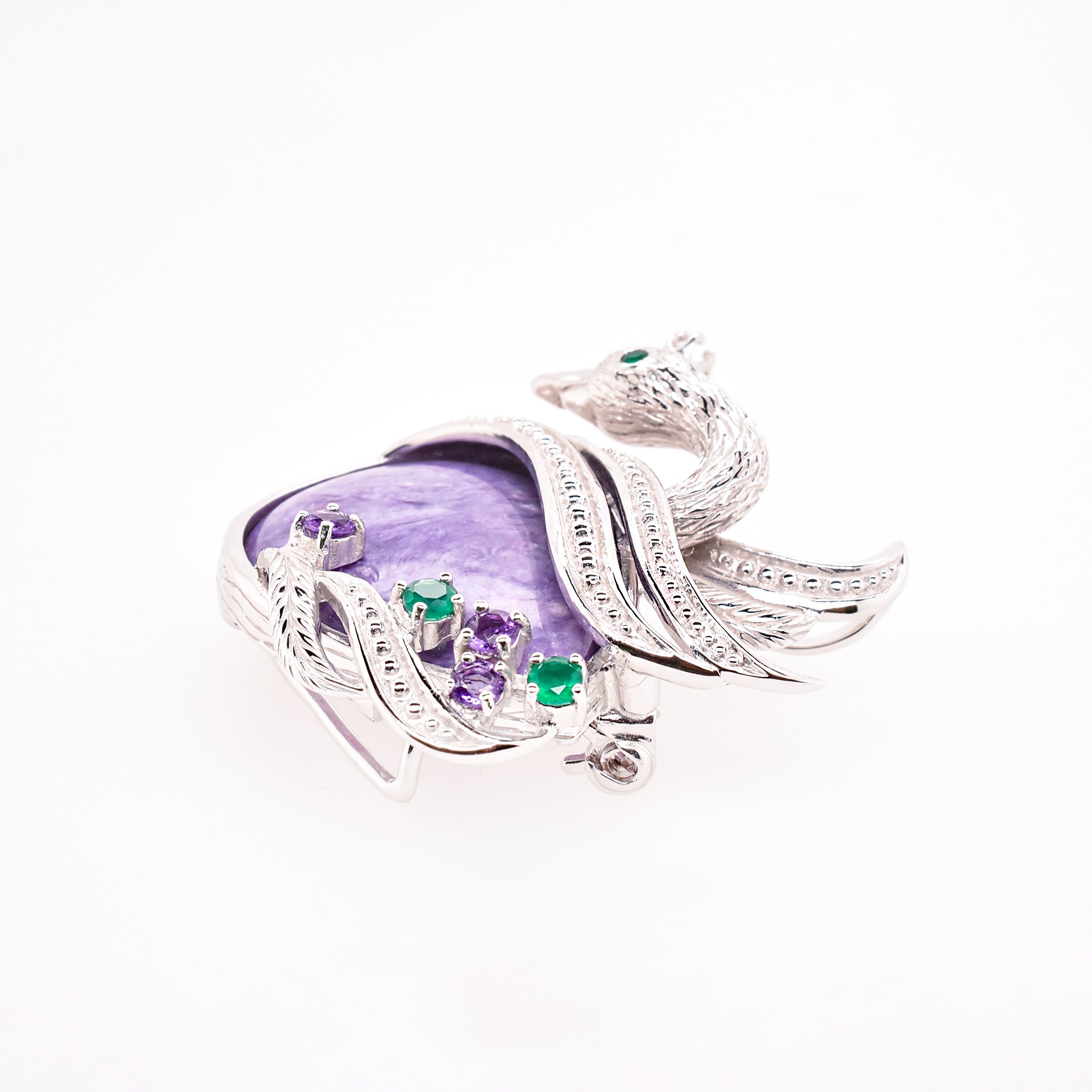 チャロアイト/グリーンカルセドニー シルバーブローチ兼ペンダントトップ(白鳥モチーフ)《25H02405》