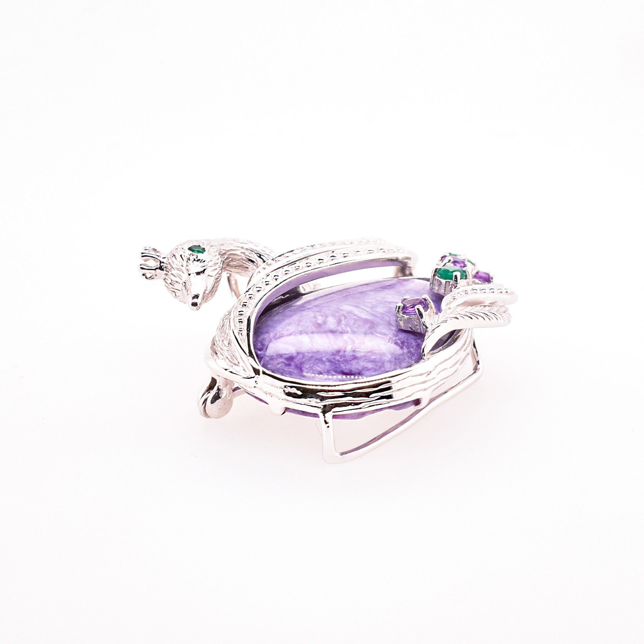 チャロアイト/グリーンカルセドニー シルバーブローチ兼ペンダントトップ(白鳥モチーフ)《25H02405》