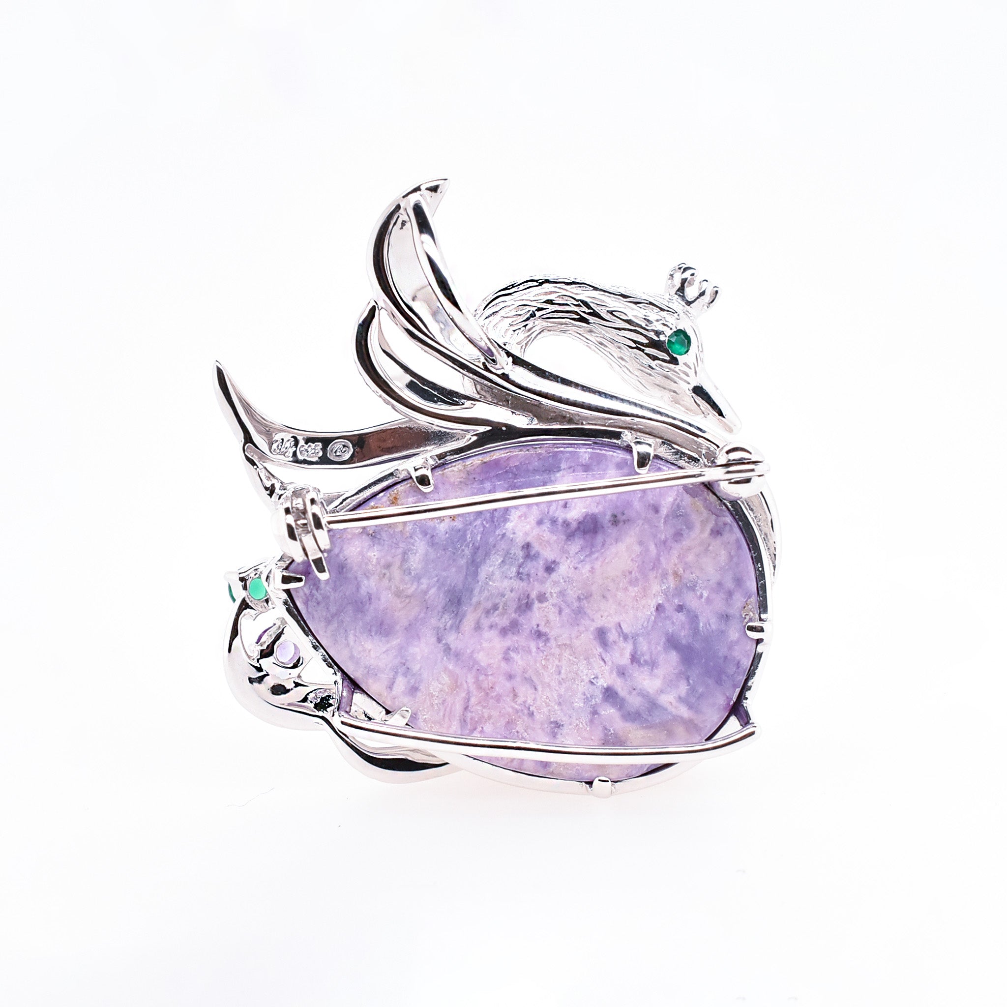 チャロアイト/グリーンカルセドニー シルバーブローチ兼ペンダントトップ(白鳥モチーフ)《25H02405》