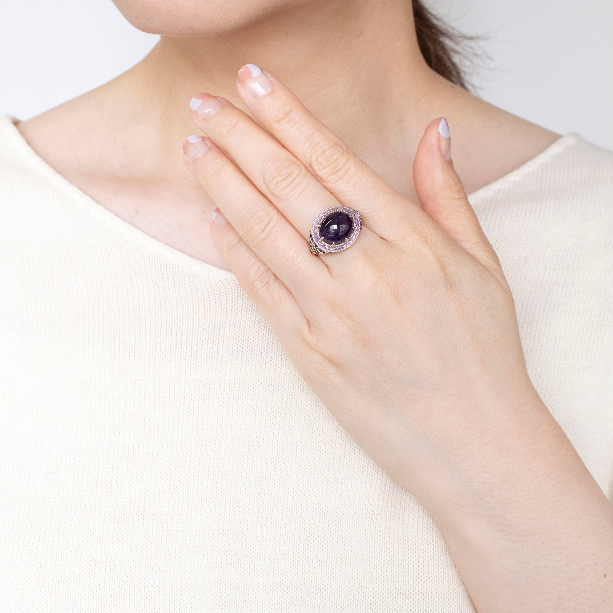 アメシスト/ホワイトトパーズ シルバーリング(4.6カラット/カボション/2月誕生石)《25H02406》