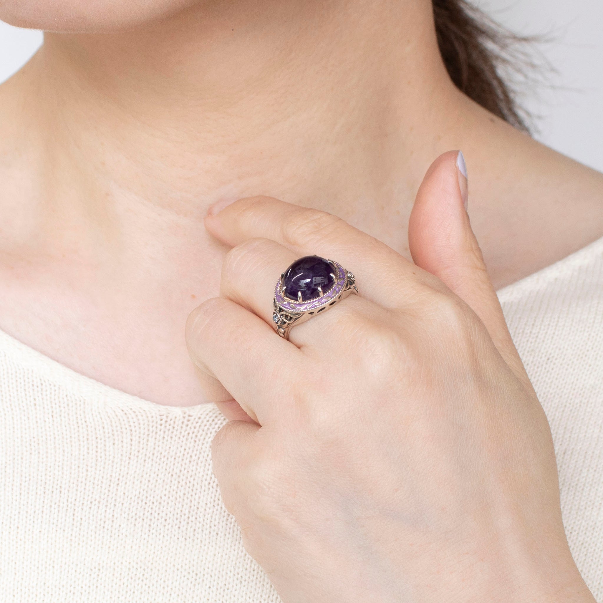 アメシスト/ホワイトトパーズ シルバーリング(4.6カラット/カボション/2月誕生石)《25H02406》