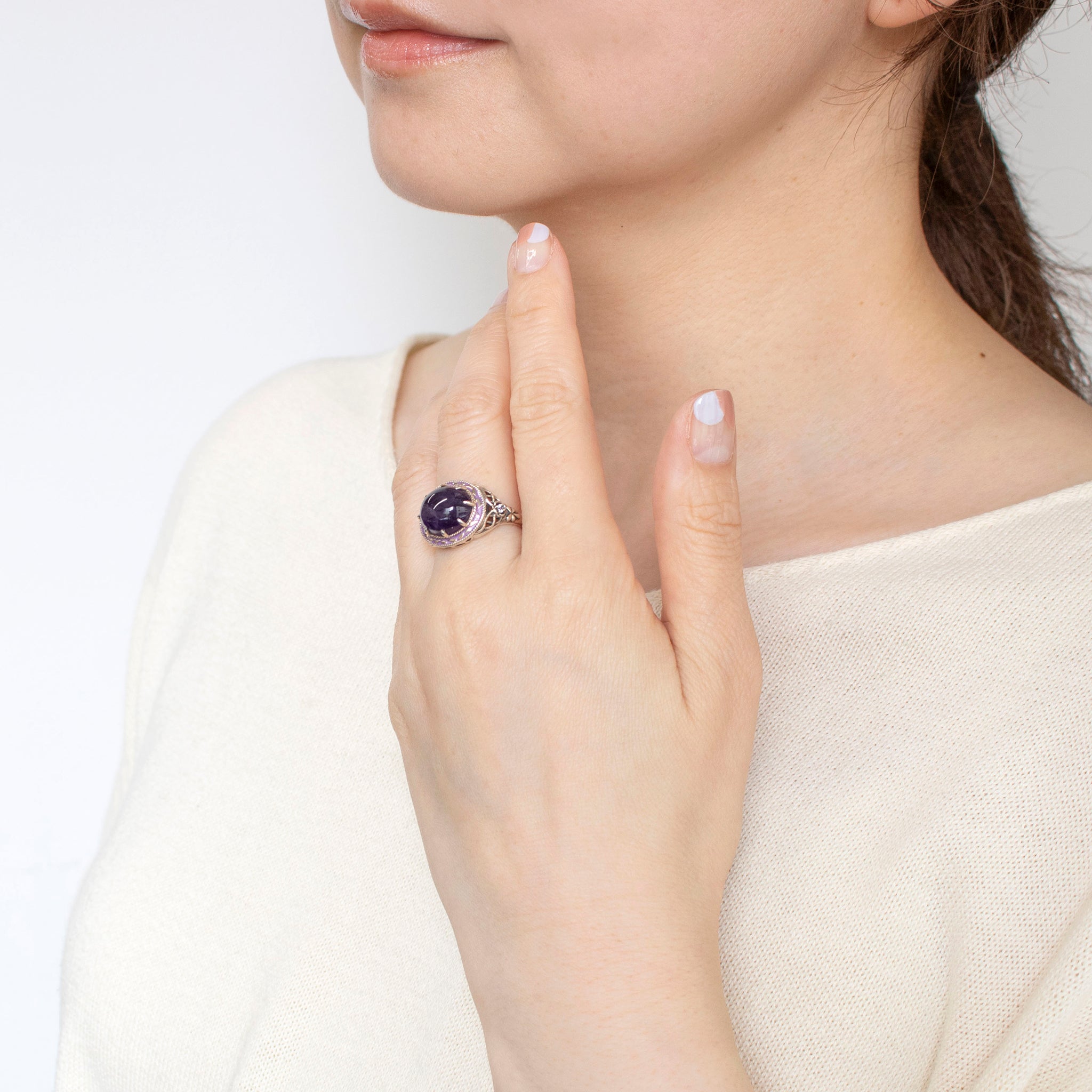 アメシスト/ホワイトトパーズ シルバーリング(4.6カラット/カボション/2月誕生石)《25H02406》