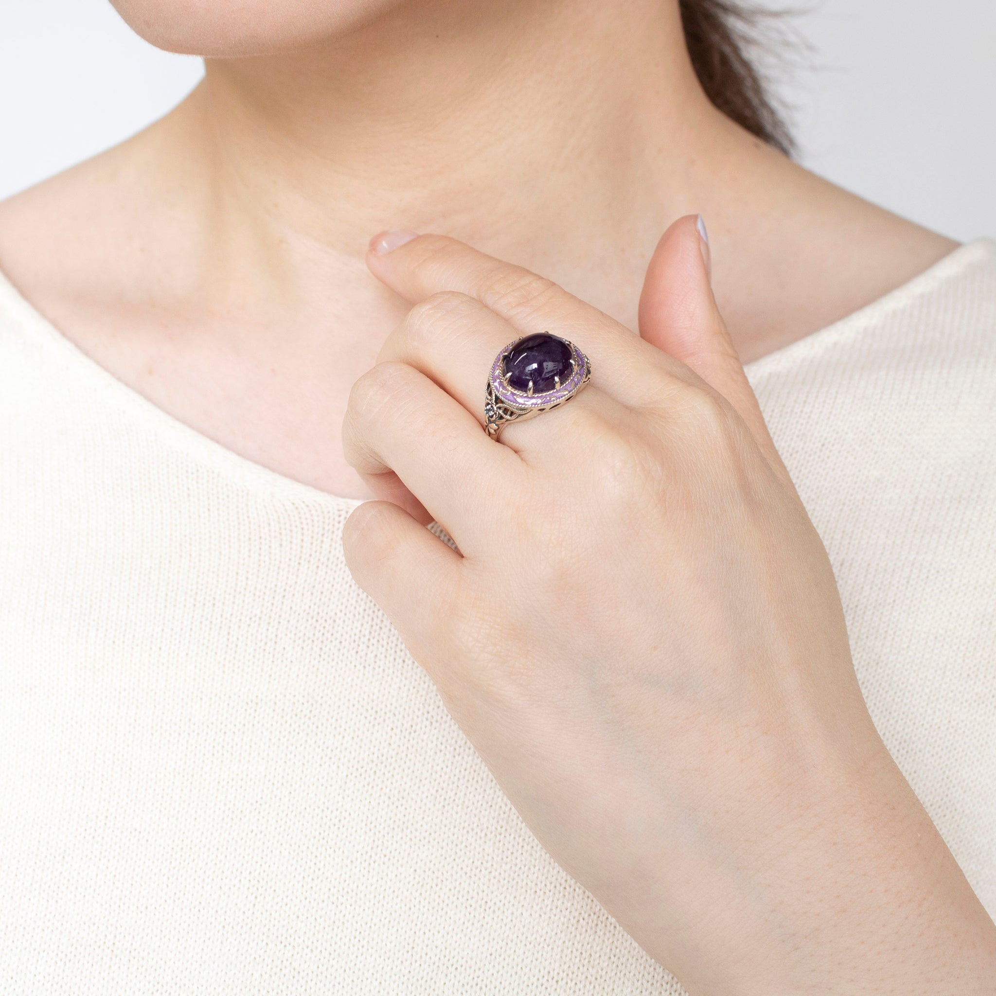 アメシスト/ホワイトトパーズ シルバーリング(4.6カラット/カボション/2月誕生石)《25H02406》