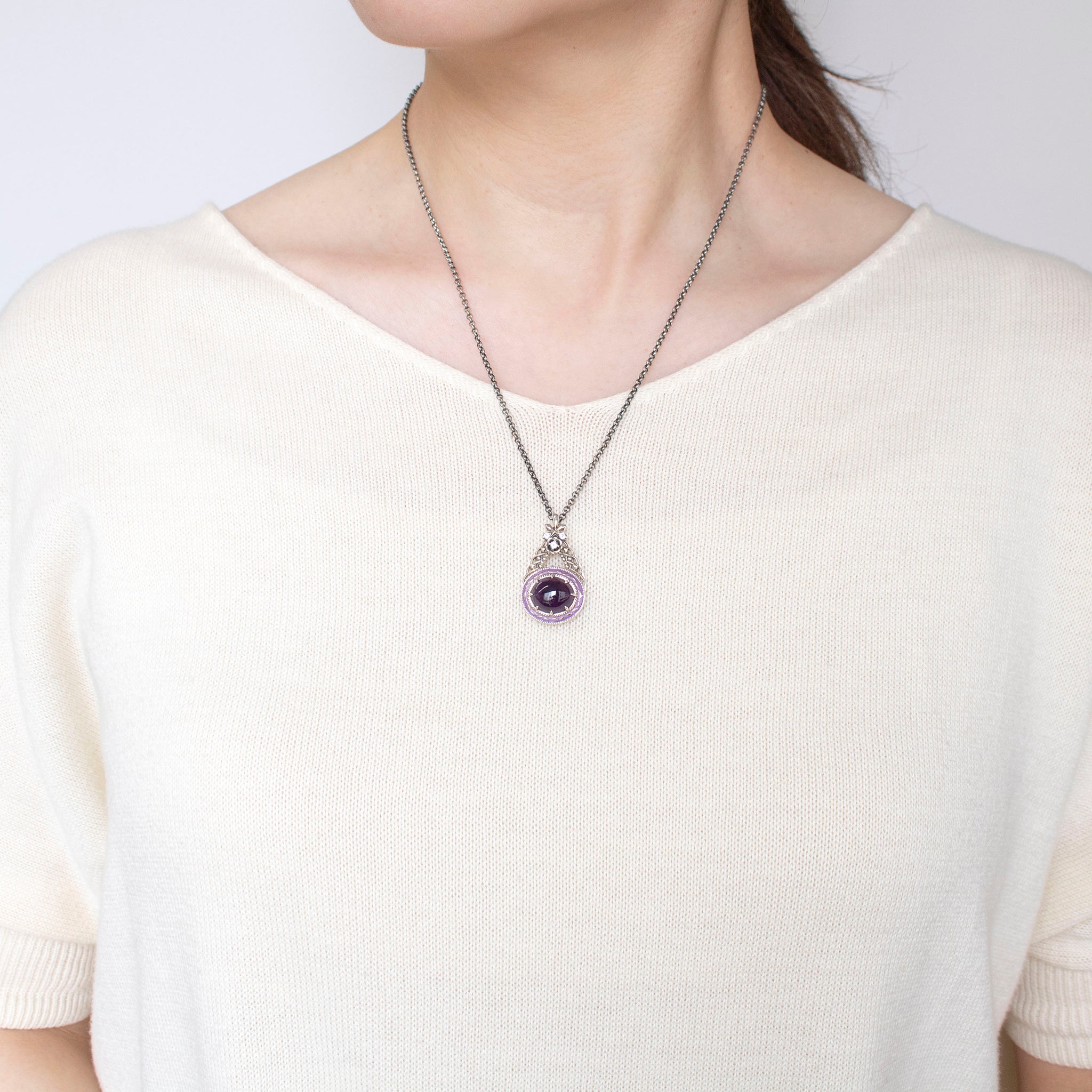 アメシスト/ホワイトトパーズ シルバーネックレス(4.6カラット/カボション/2月誕生石)《25H02407》