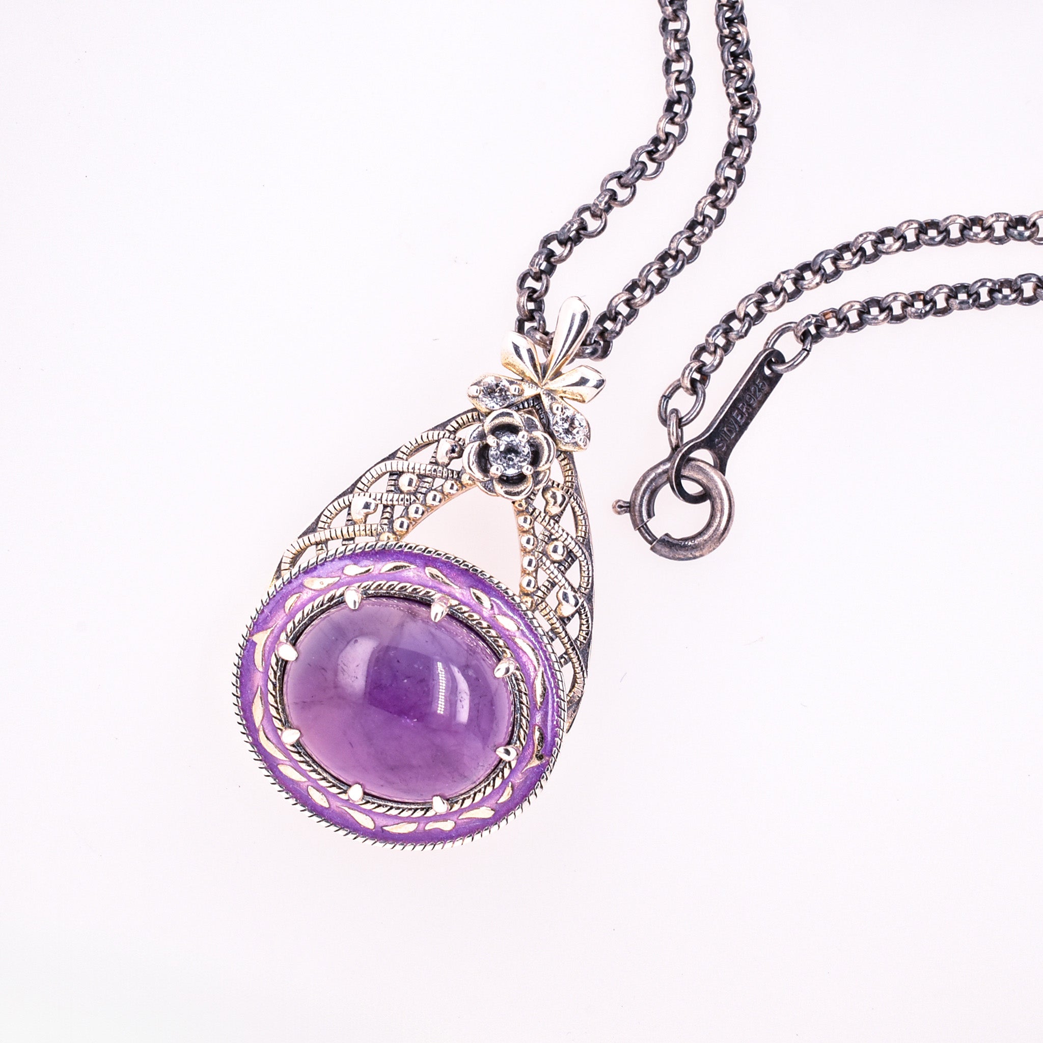 アメシスト/ホワイトトパーズ シルバーネックレス(4.6カラット/カボション/2月誕生石)《25H02407》