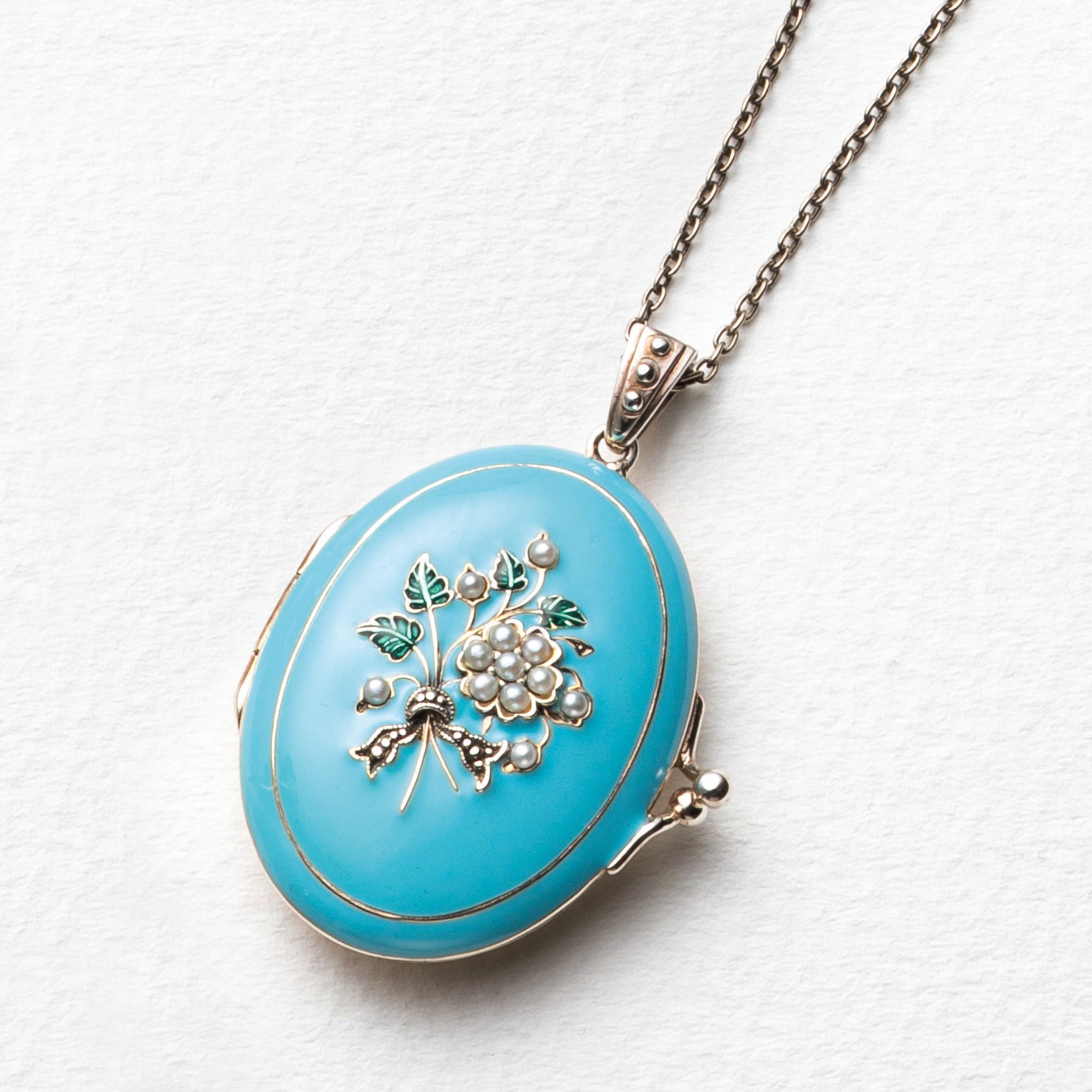 エナメル/パール シルバーネックレス(淡水真珠/ロケットタイプ/フラワーモチーフ/ロング/70cm)《25H02409》