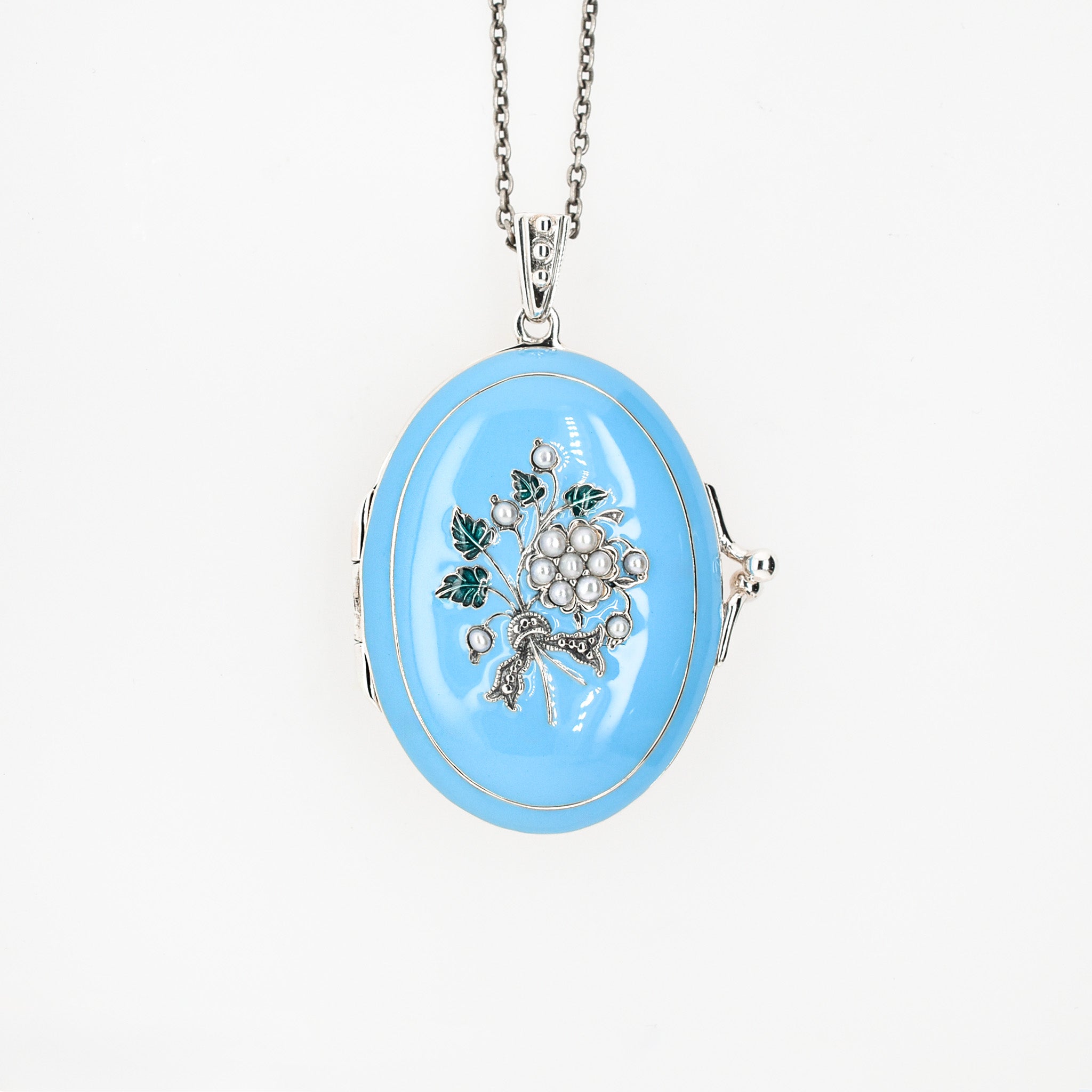 エナメル/パール シルバーネックレス(淡水真珠/ロケットタイプ/フラワーモチーフ/ロング/70cm)《25H02409》