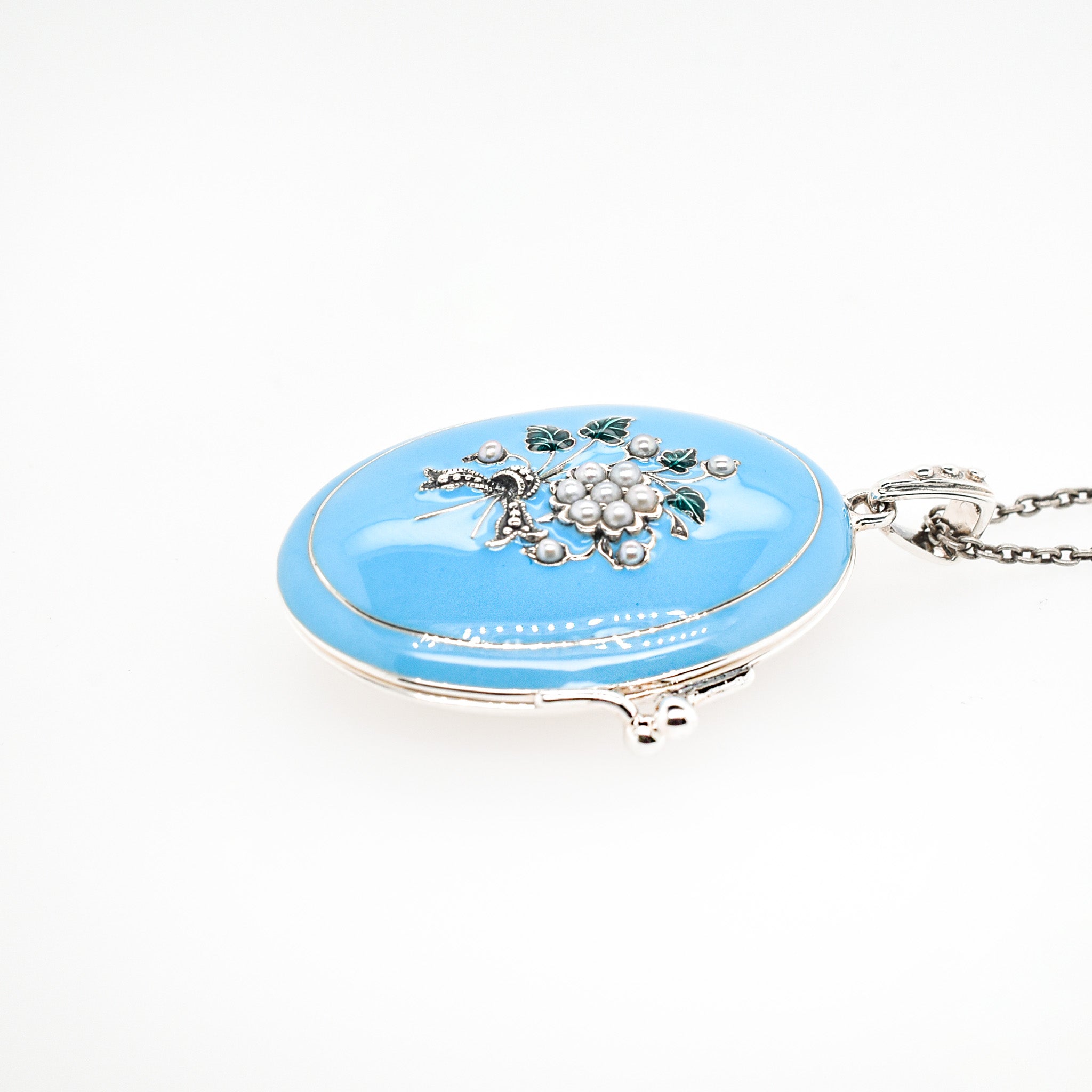 エナメル/パール シルバーネックレス(淡水真珠/ロケットタイプ/フラワーモチーフ/ロング/70cm)《25H02409》