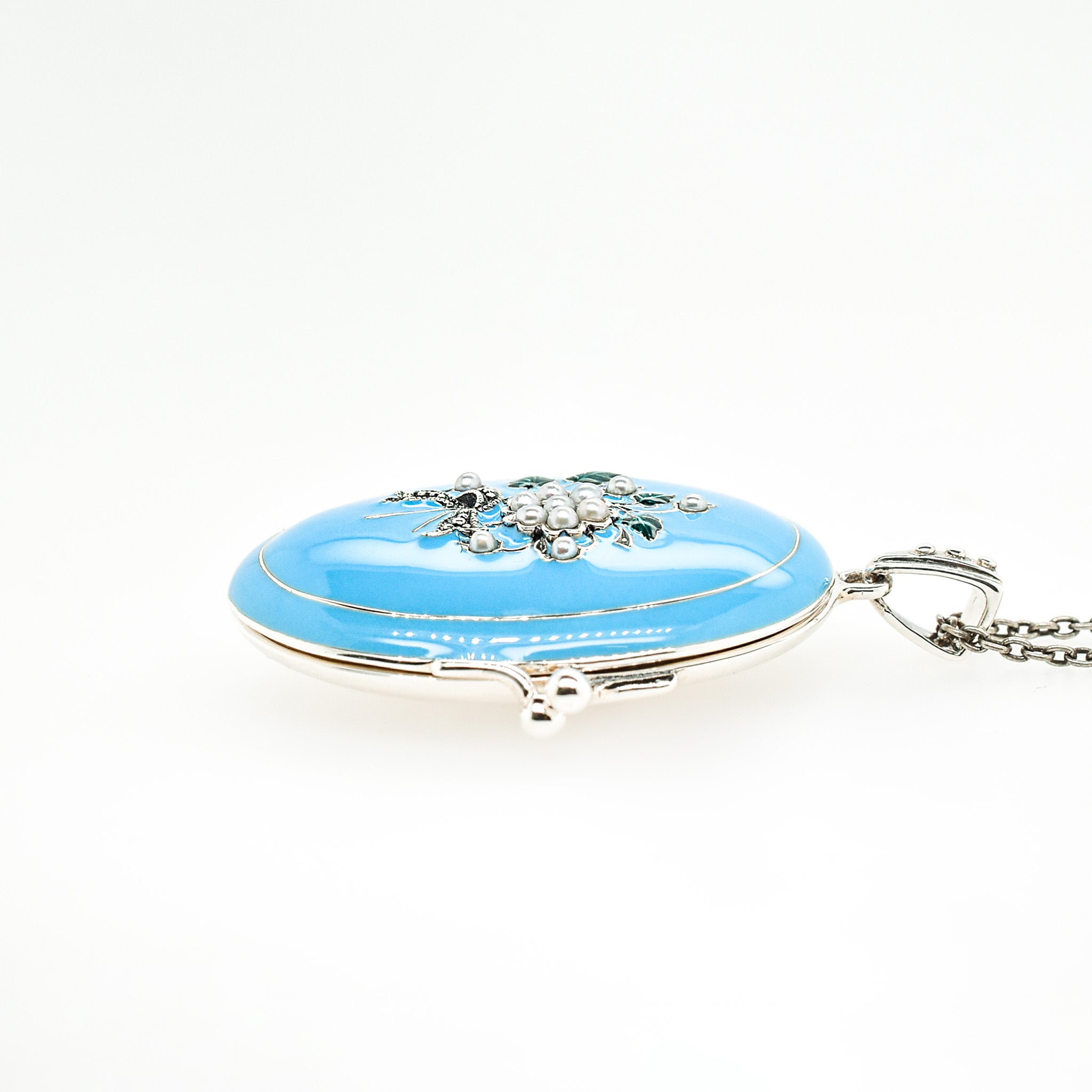 エナメル/パール シルバーネックレス(淡水真珠/ロケットタイプ/フラワーモチーフ/ロング/70cm)《25H02409》