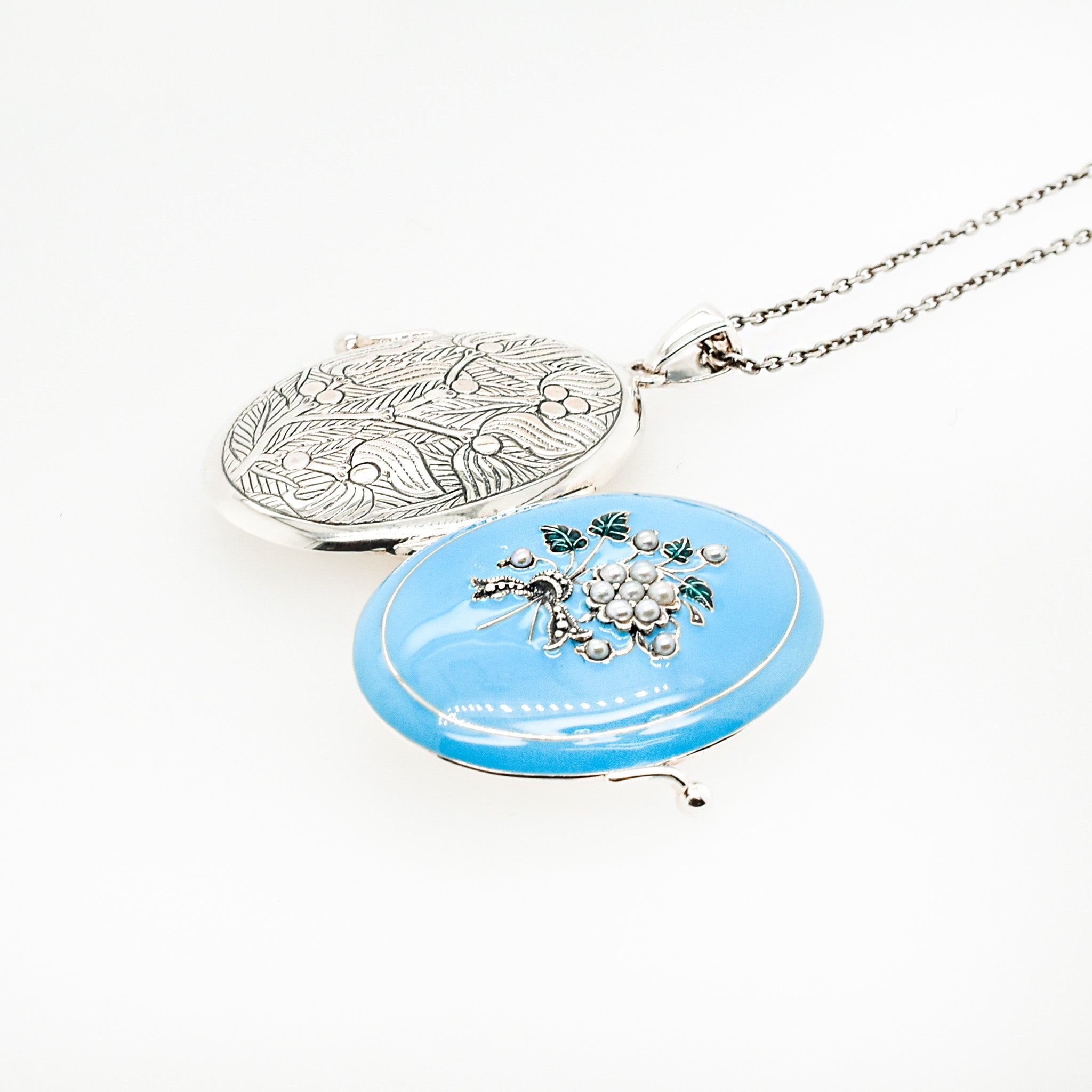 エナメル/パール シルバーネックレス(淡水真珠/ロケットタイプ/フラワーモチーフ/ロング/70cm)《25H02409》