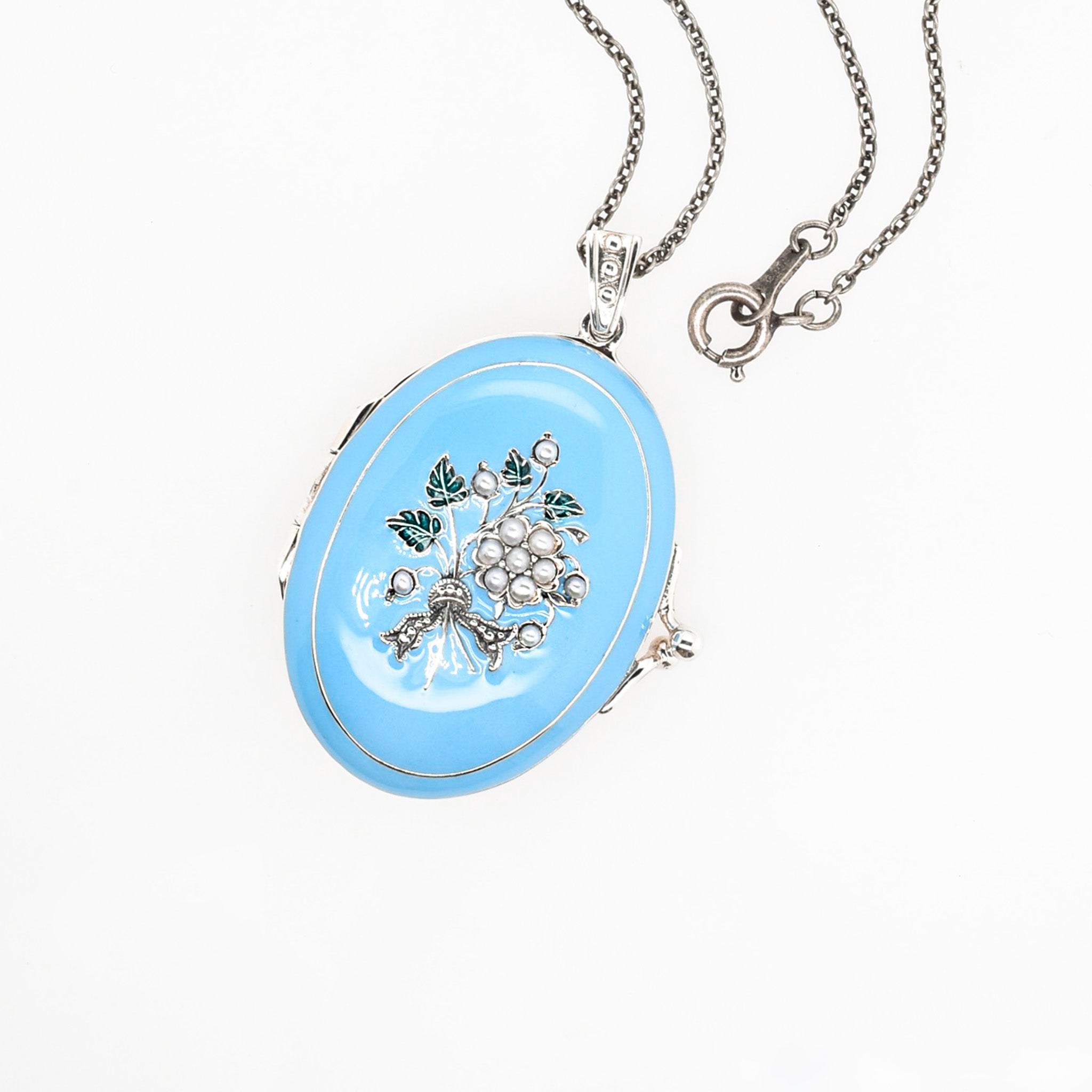 エナメル/パール シルバーネックレス(淡水真珠/ロケットタイプ/フラワーモチーフ/ロング/70cm)《25H02409》