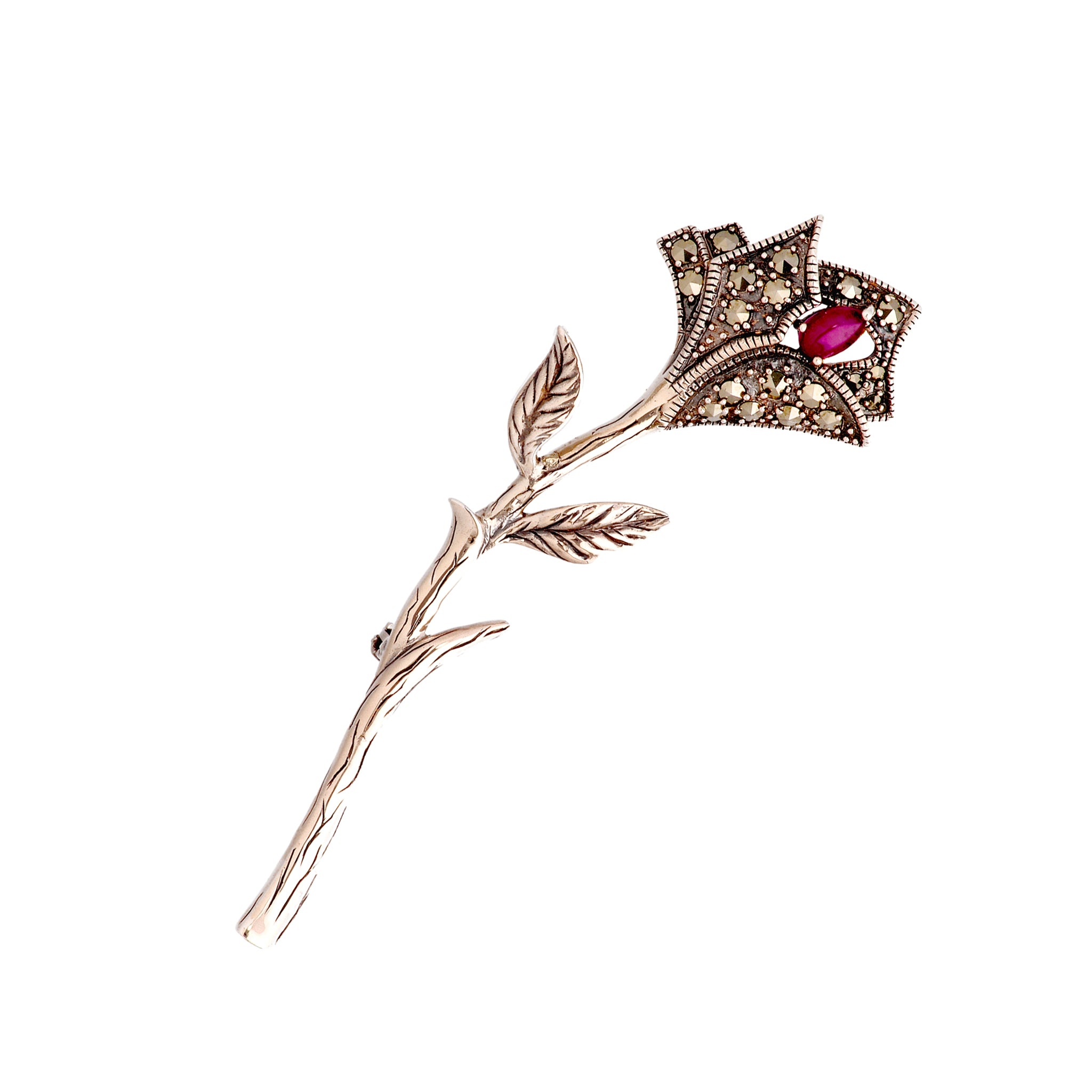 ルビー シルバーブローチ兼ペンダントトップ(バラモチーフ/7月誕生石)《25H02412》