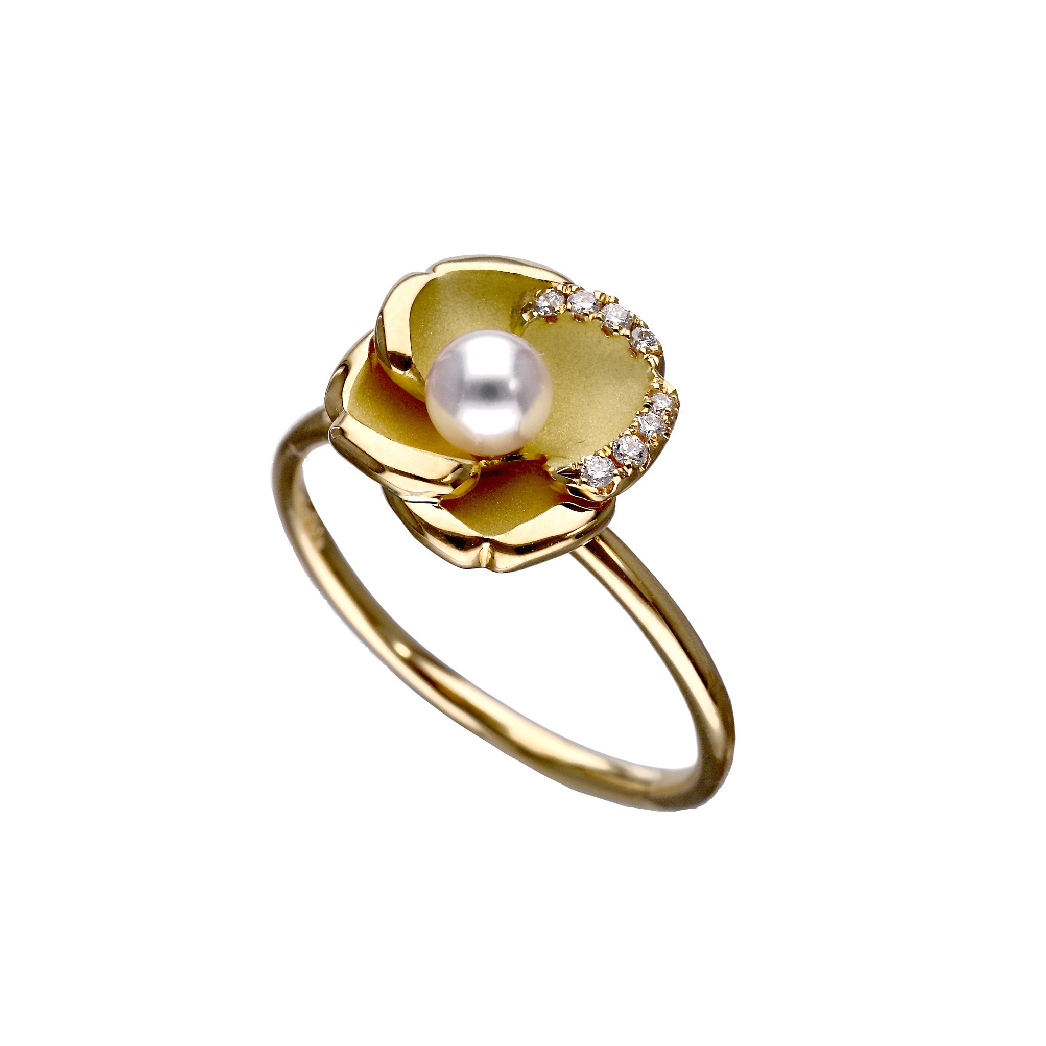 パール K18リング(アコヤ真珠/4mm/カメリアモチーフ/6月誕生石/鑑別書付)《25N00206》