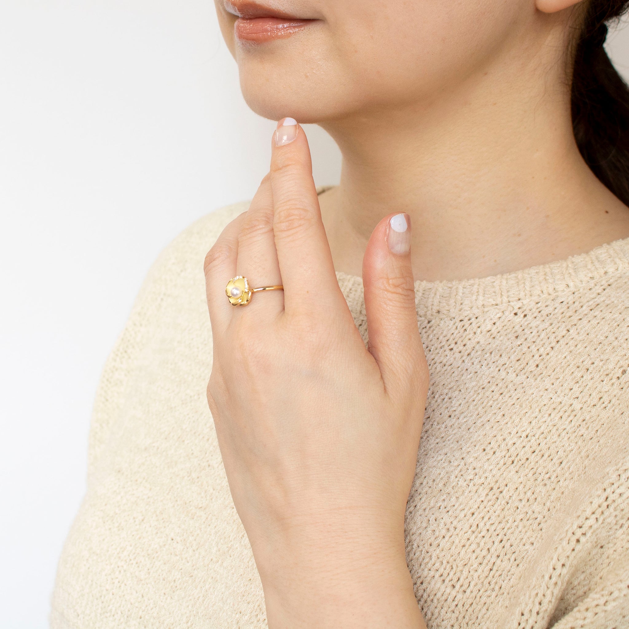 パール K18リング(アコヤ真珠/4mm/カメリアモチーフ/6月誕生石/鑑別書付)《25N00206》