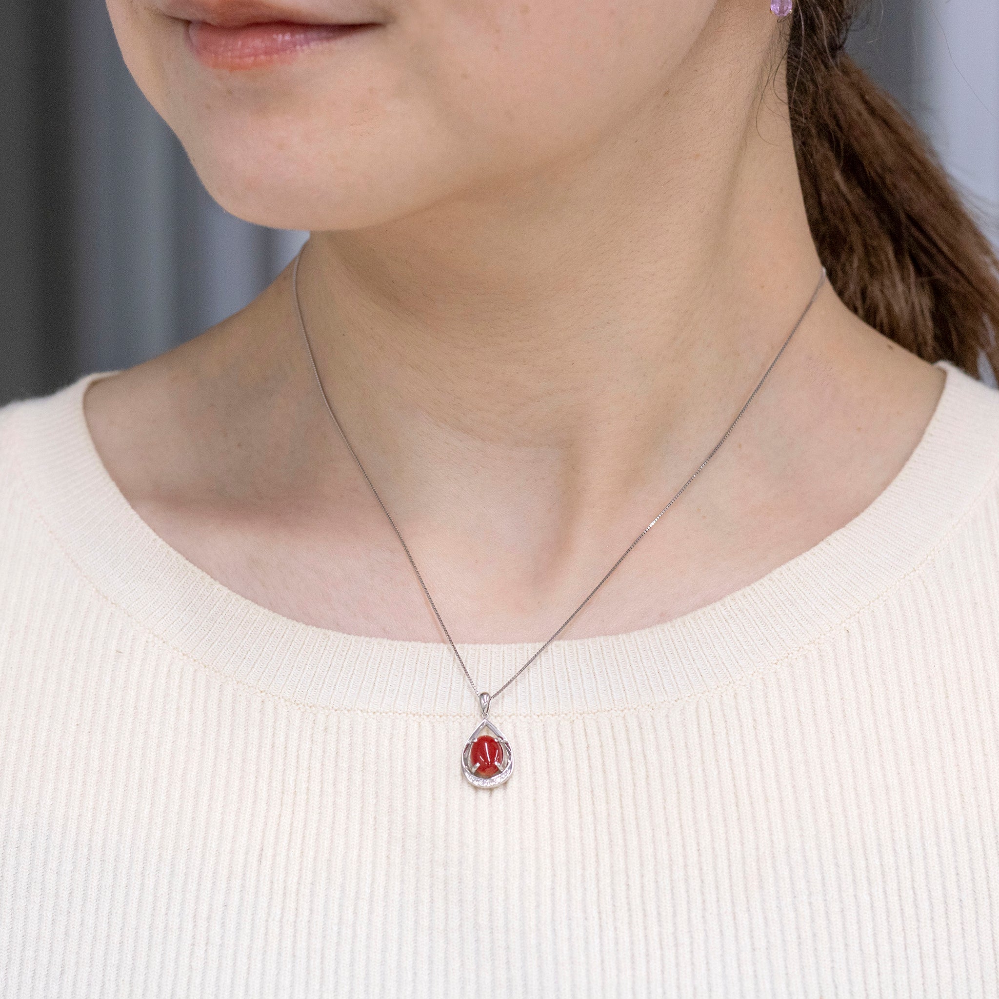 珊瑚(サンゴ)/ダイヤモンド プラチナネックレス(3月誕生石/鑑別書付)《25N00306》