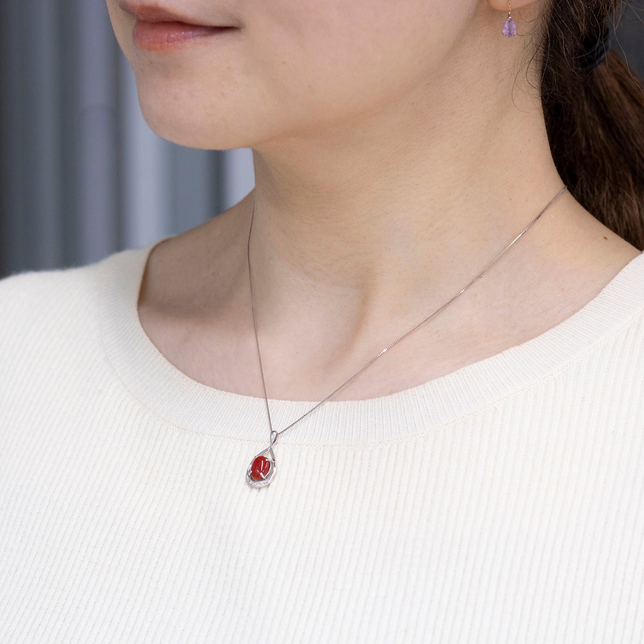 珊瑚(サンゴ)/ダイヤモンド プラチナネックレス(3月誕生石/鑑別書付)《25N00306》