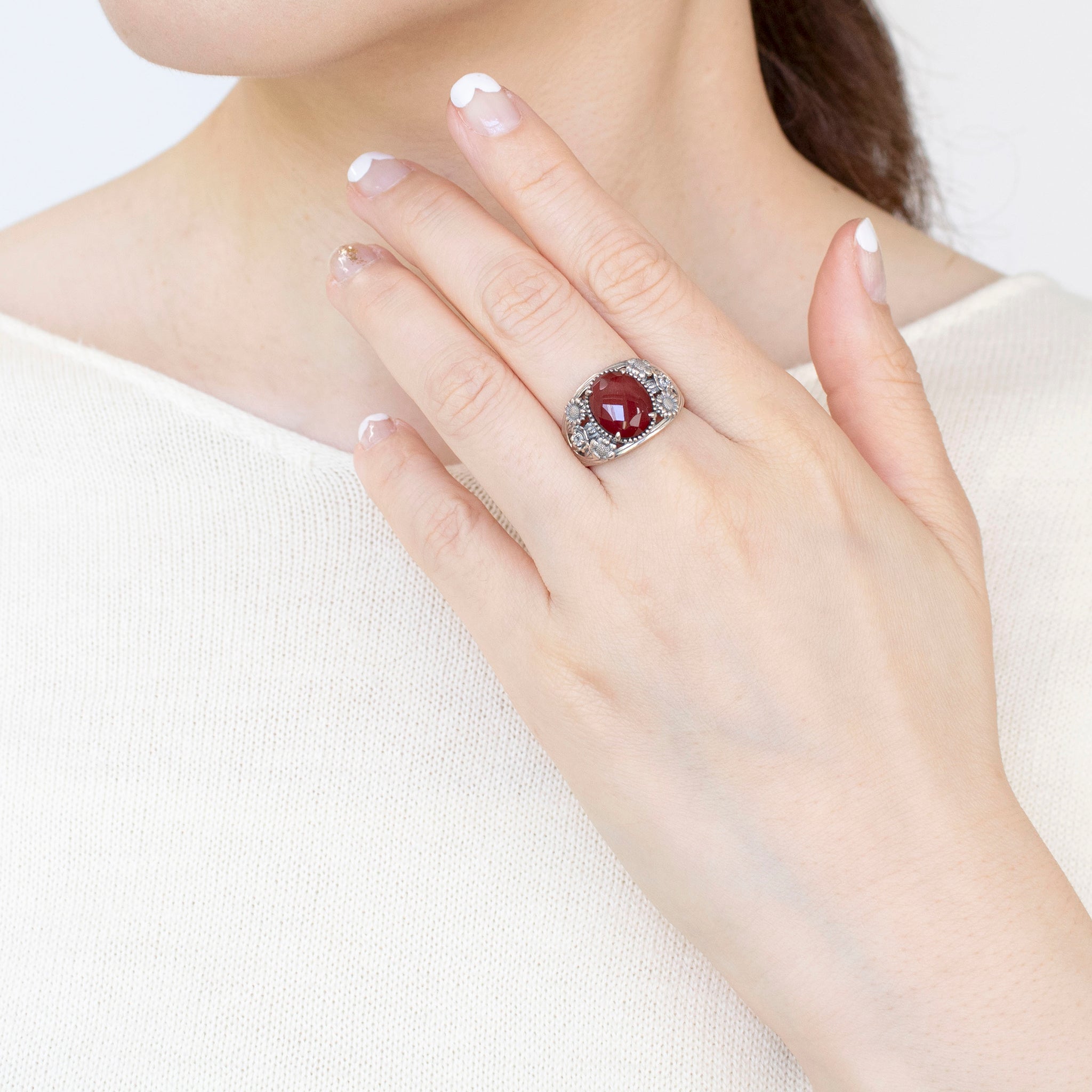 張り合わせ石(ガーネット/クォーツ)/ホワイトパーズ シルバーリング(ひなぎく)《25N00902》