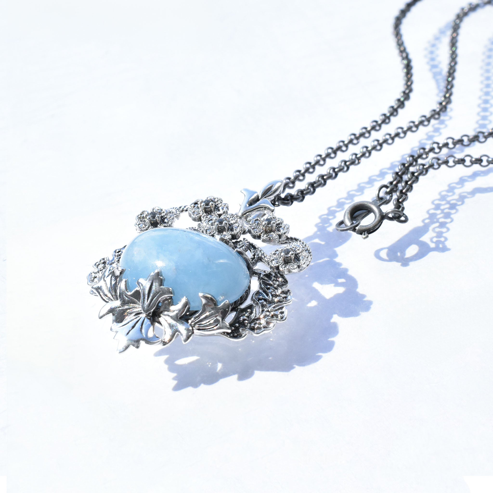 アクアマリン/ホワイトトパーズ シルバーネックレス(オーク/3月誕生石)《25N00906》