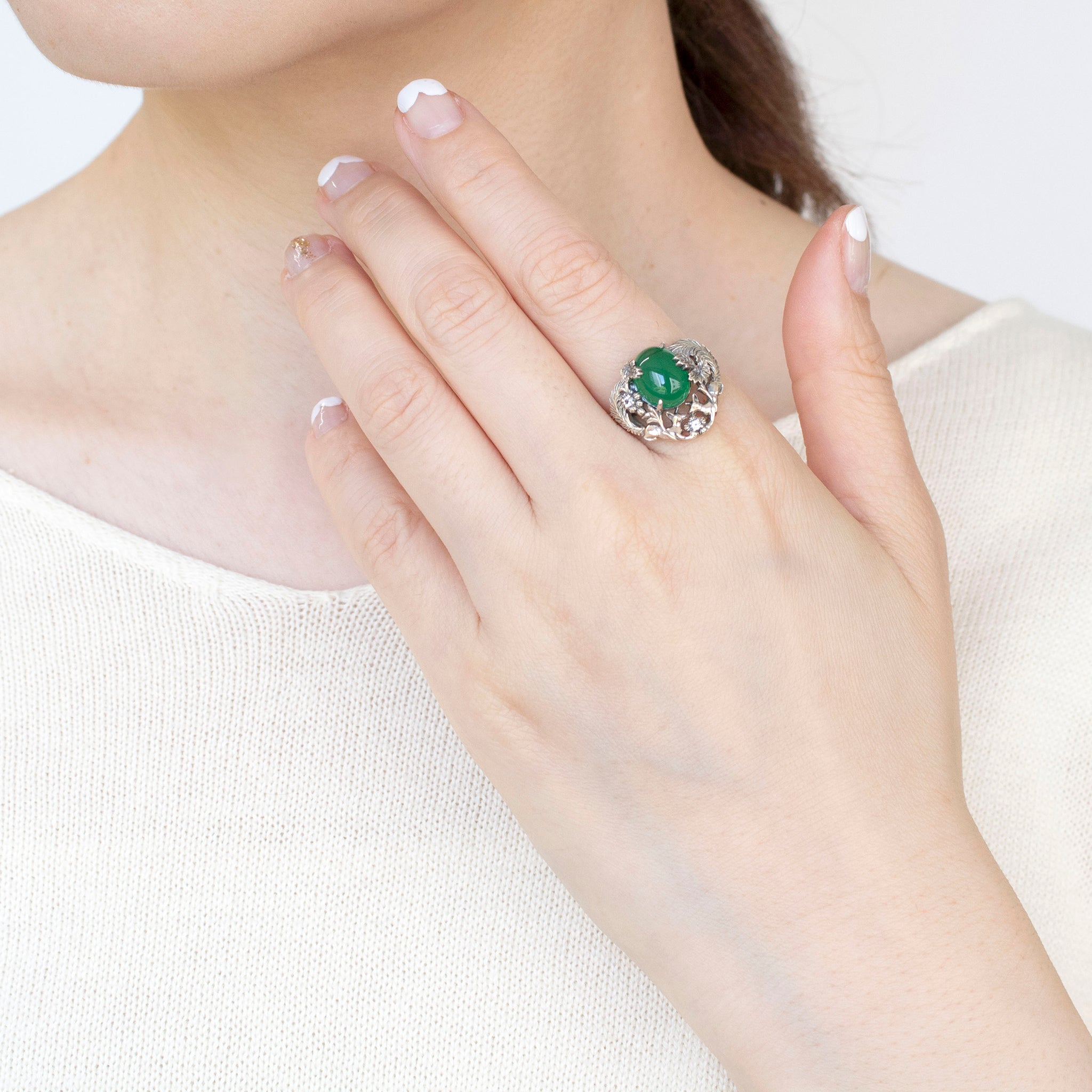 グリーンカルセドニー/ホワイトトパーズ シルバーリング(ブドウ)《25N00907》