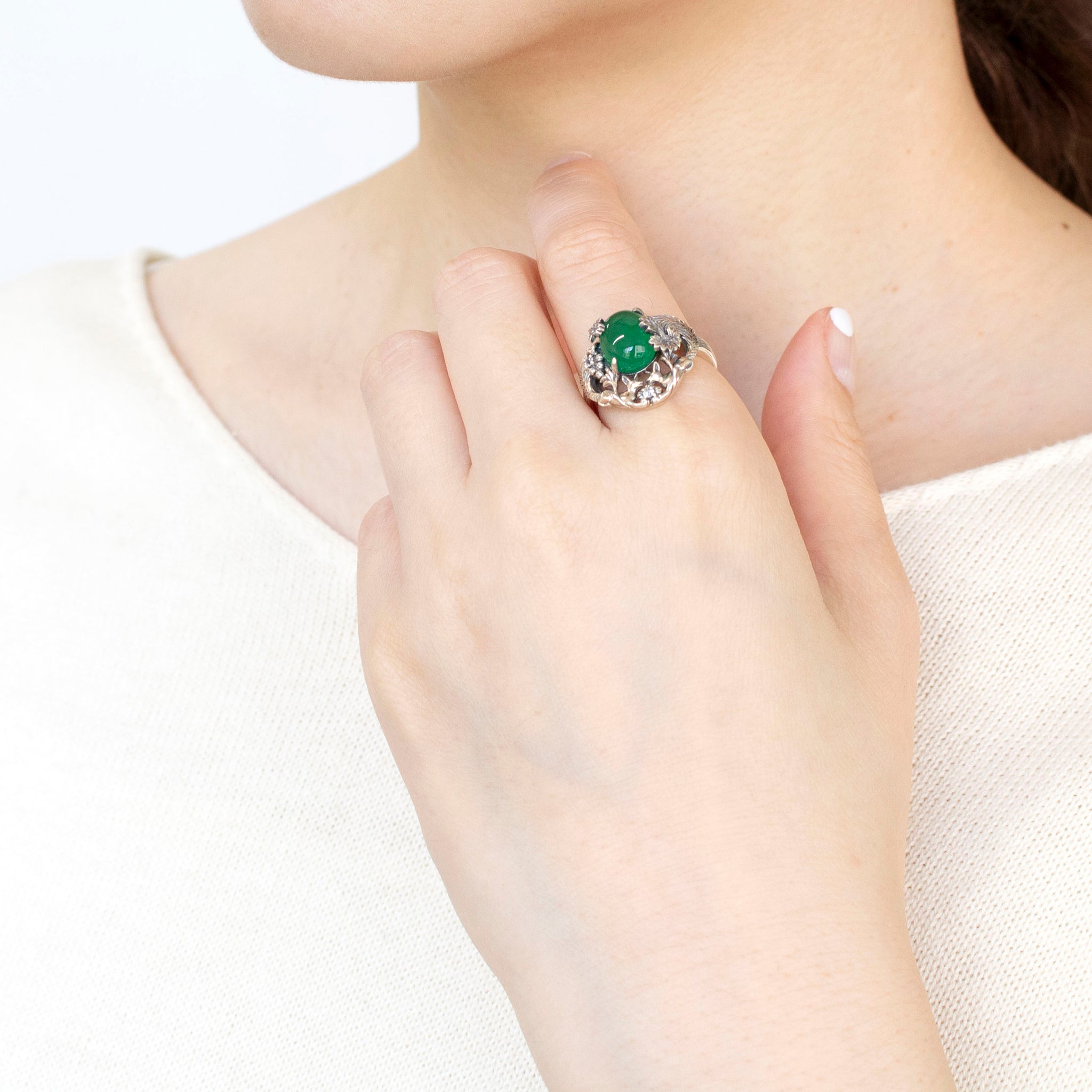 グリーンカルセドニー/ホワイトトパーズ シルバーリング(ブドウ)《25N00907》