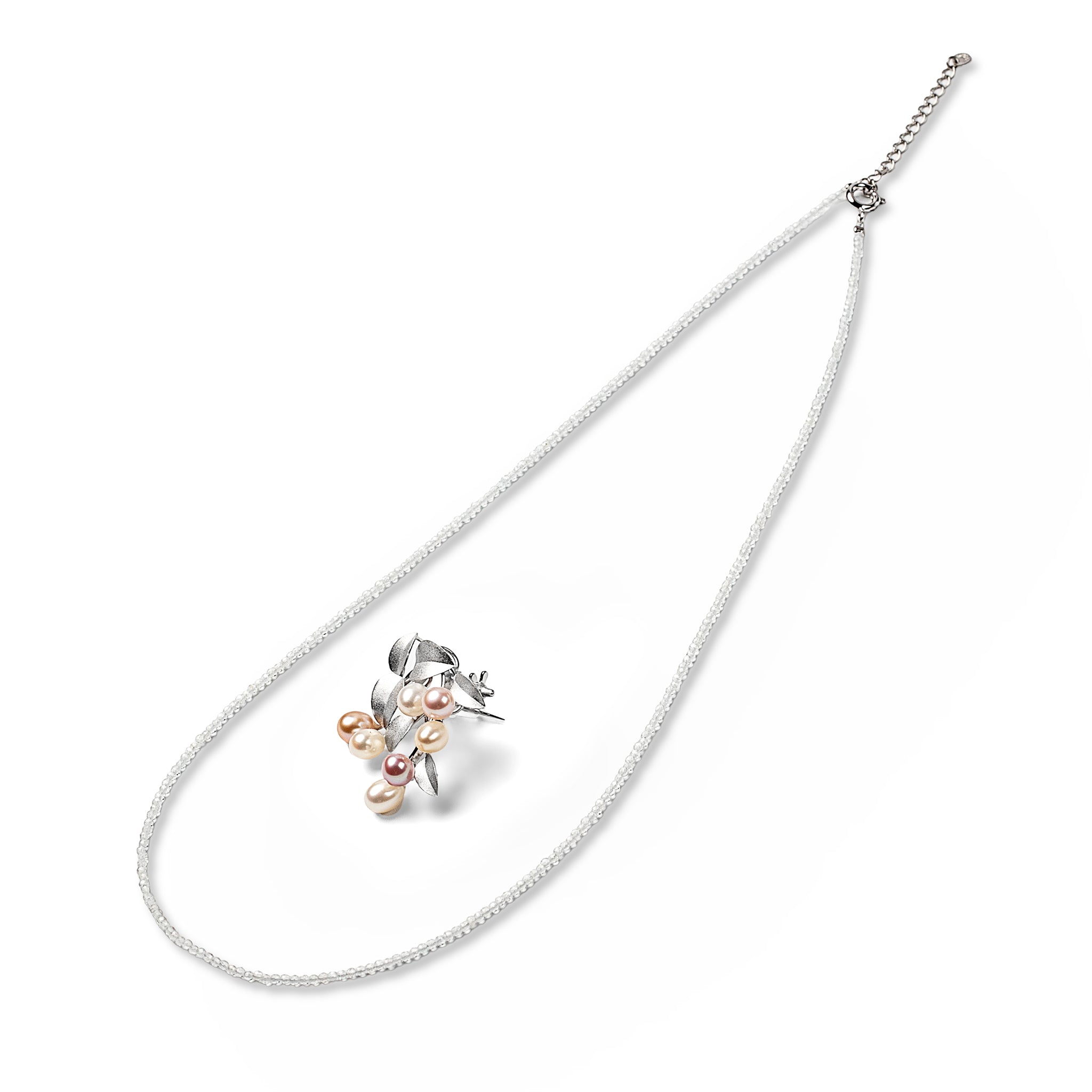 パール/ホワイトトパーズ シルバーネックレス兼ブローチ(淡水真珠/5mm/6月誕生石)《25N02805》