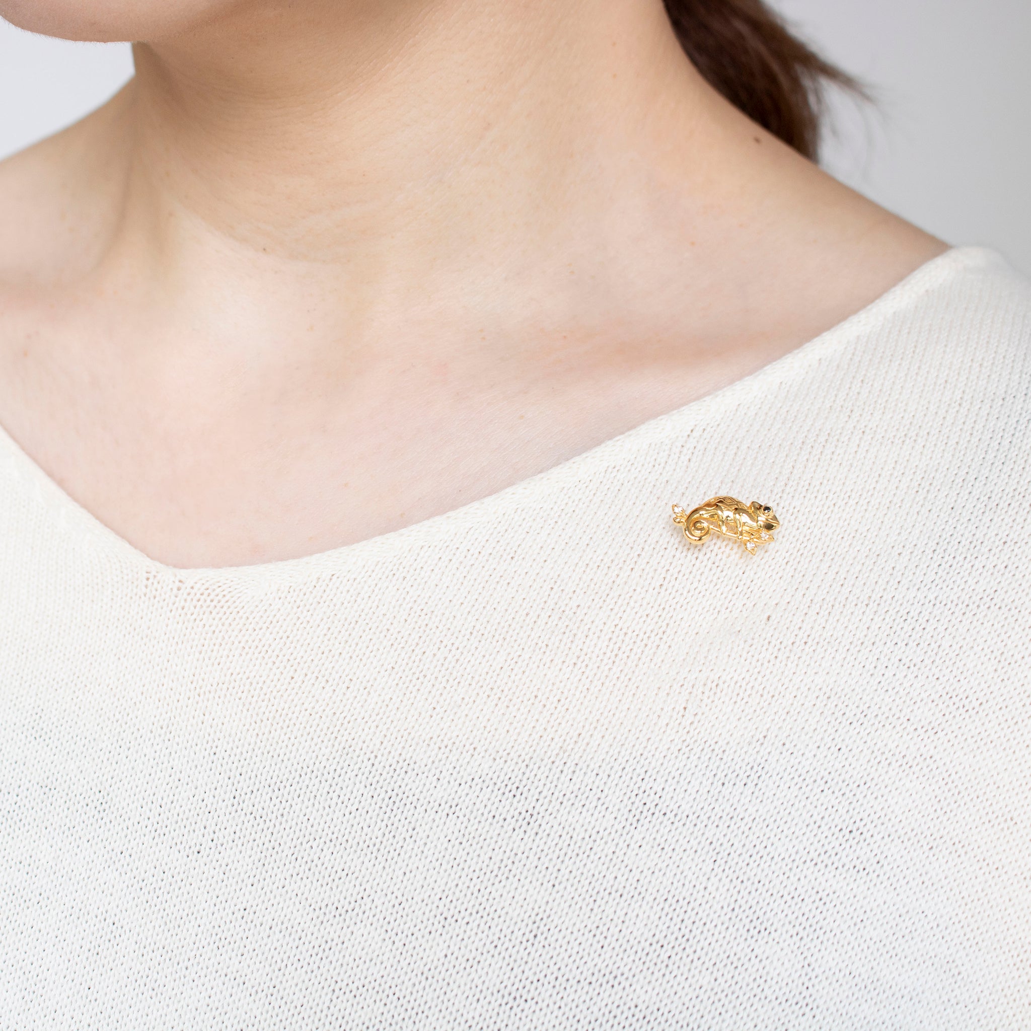 ブラックダイヤモンド/ホワイトトパーズ シルバーブローチ(カメレオンモチーフ/4月誕生石)《25N02905》