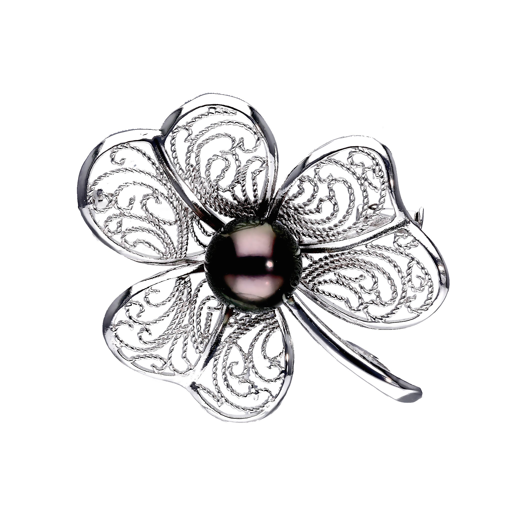 パール シルバーブローチ(黒蝶真珠/9mm/クローバーモチーフ/6月誕生石)《25N03004》