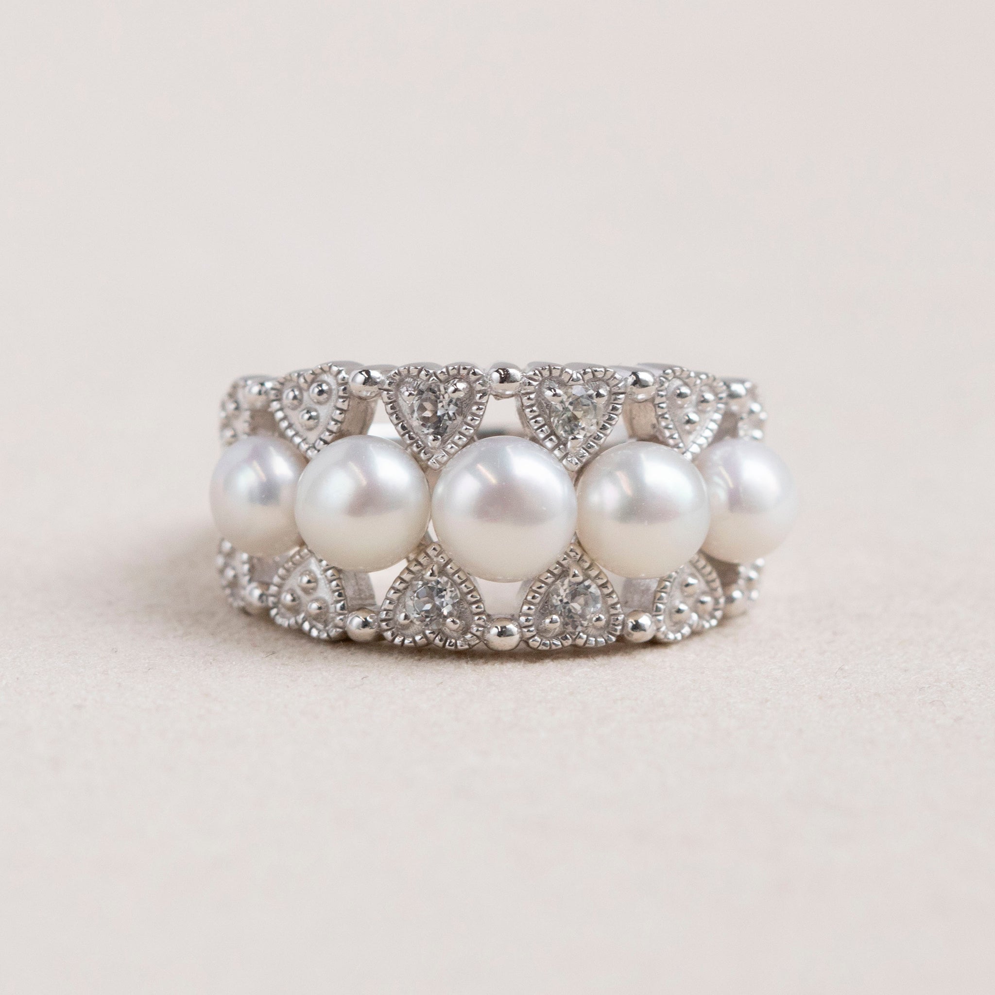 パール/ホワイトトパーズ シルバーリング(淡水真珠/6月誕生石)《25T10172》