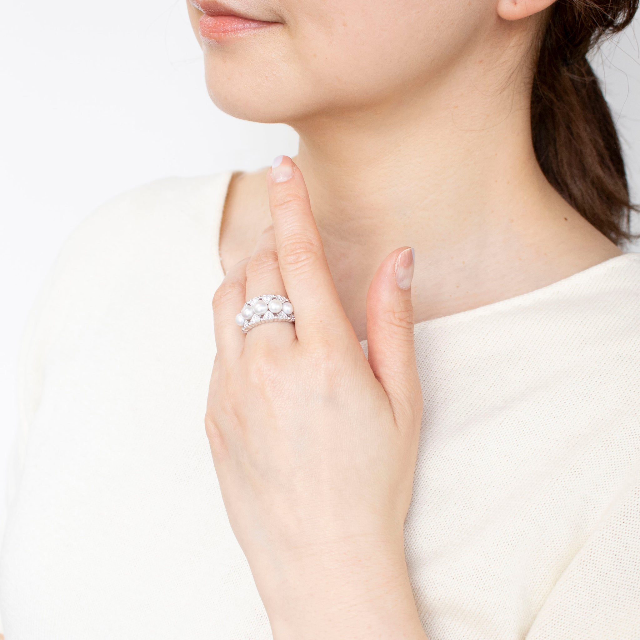 パール/ホワイトトパーズ シルバーリング(淡水真珠/6月誕生石)《25T10172》