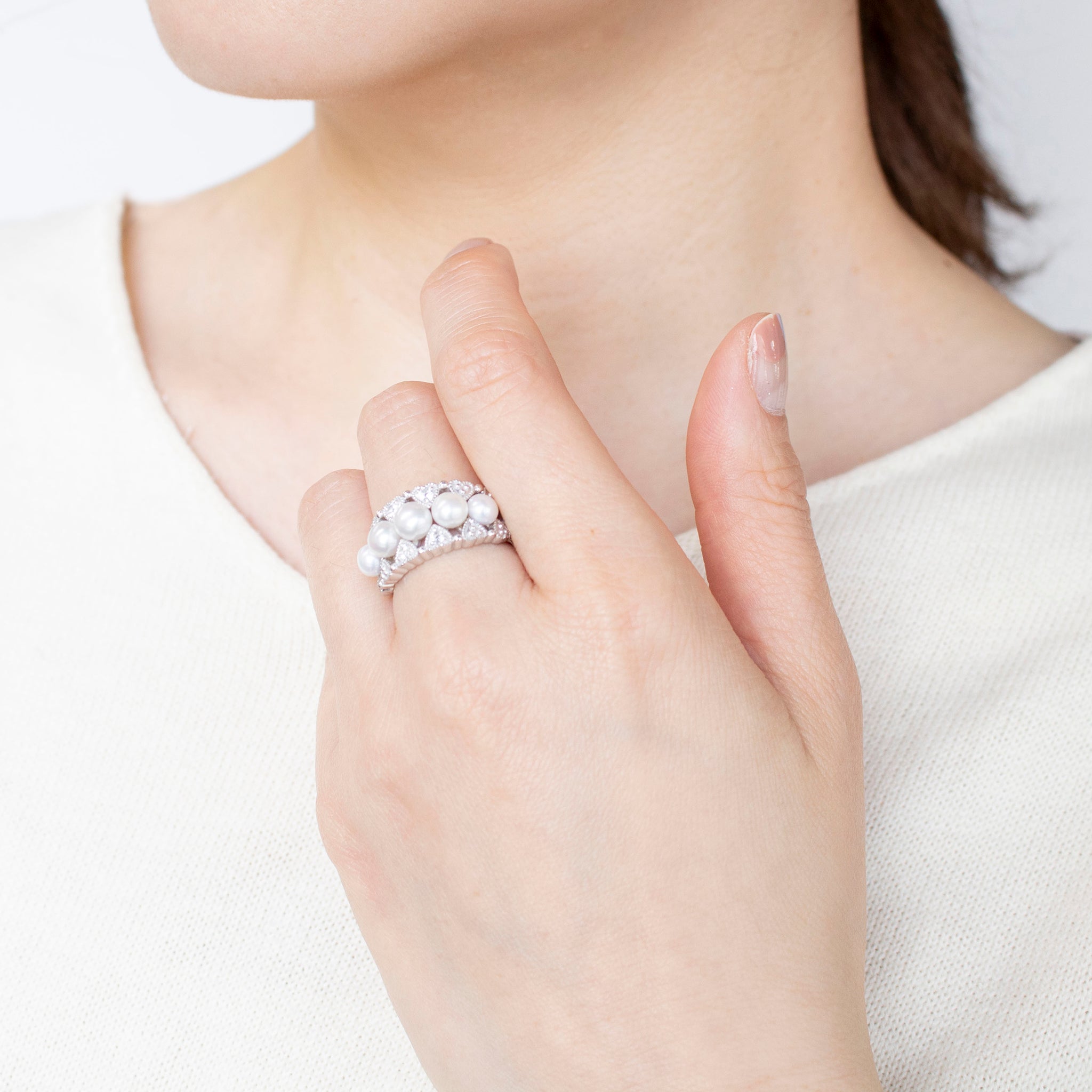 パール/ホワイトトパーズ シルバーリング(淡水真珠/6月誕生石)《25T10172》