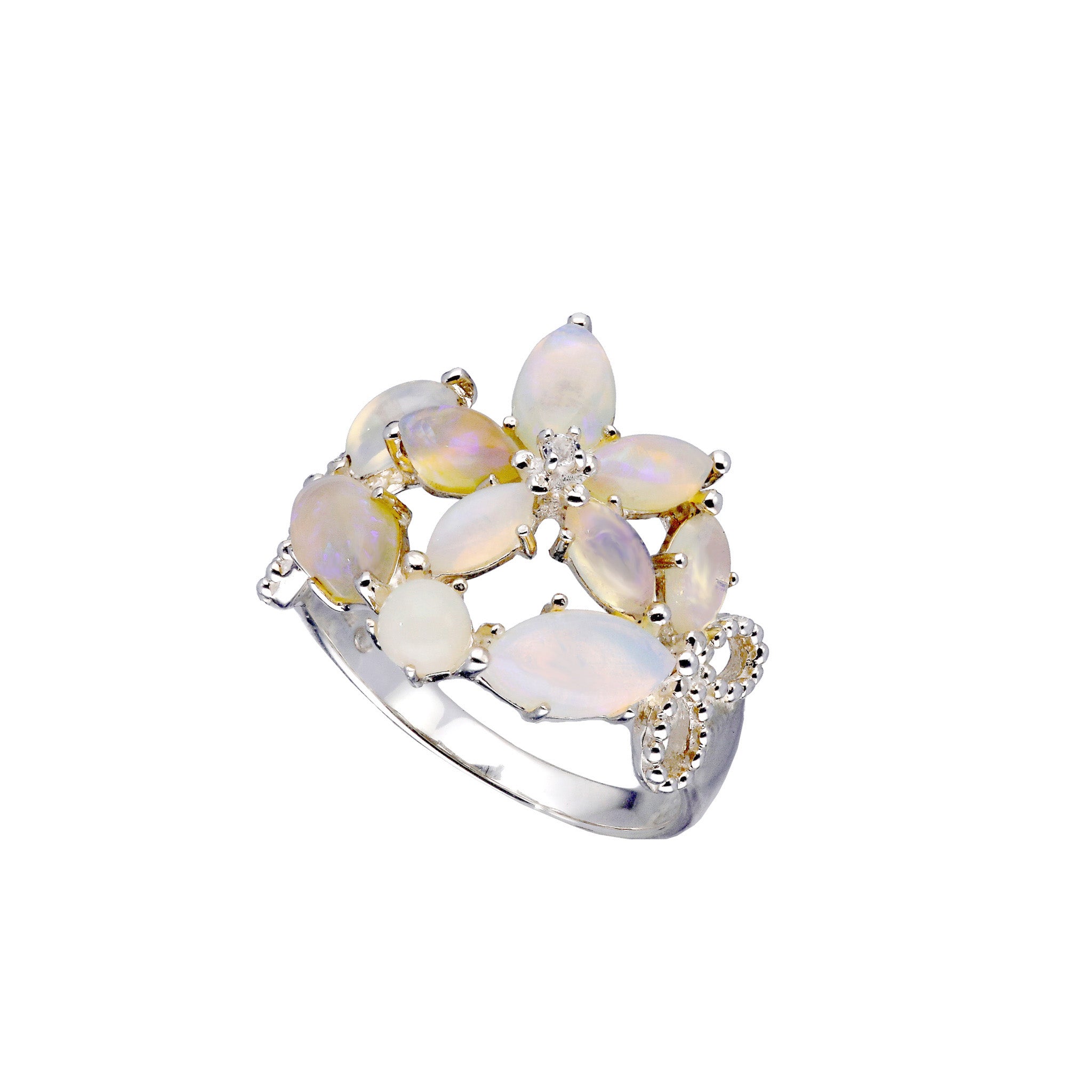 【限定数8】オパール/ホワイトトパーズ シルバーリング(フラワーモチーフ/10月誕生石)《25T10241》