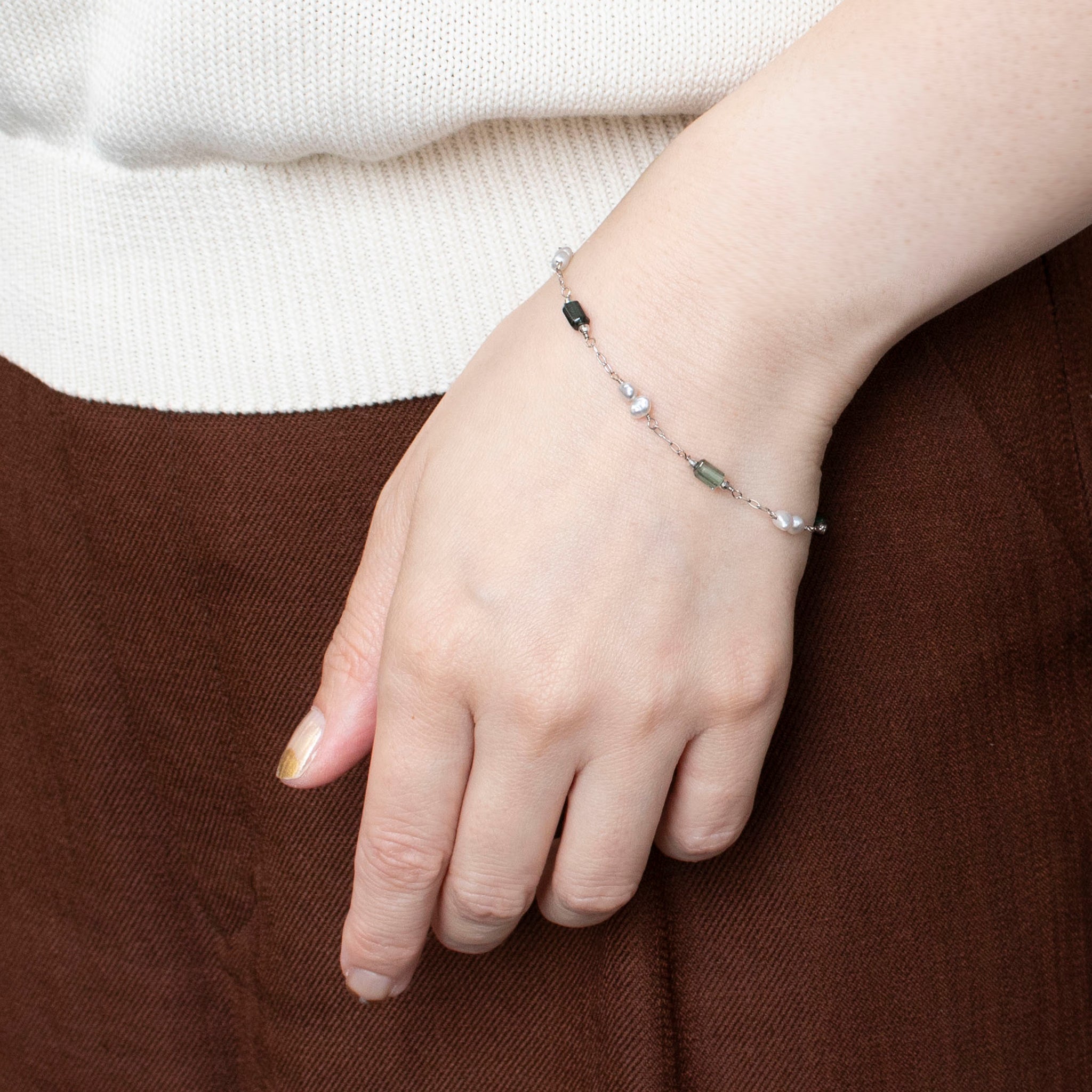 【限定6点】グリーントルマリン/パール プラチナブレスレット(アコヤ真珠/4mm)《25T10245》