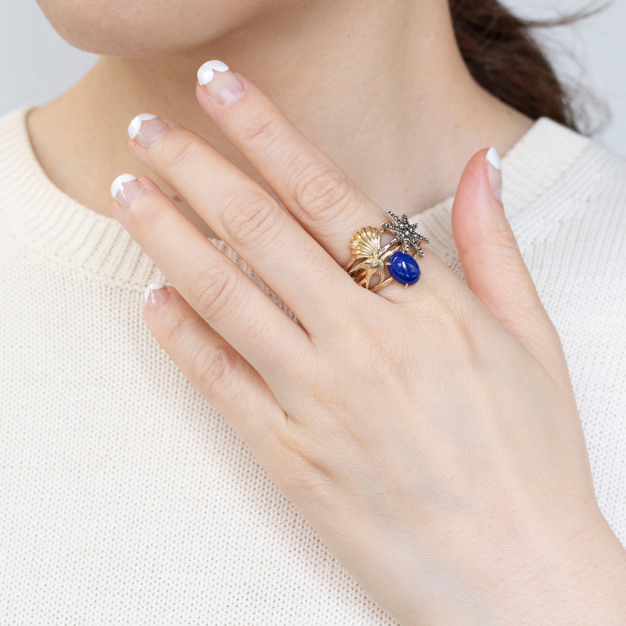 パール/ラピスラズリ シルバーリング(淡水真珠/4本セット)《25V02709》