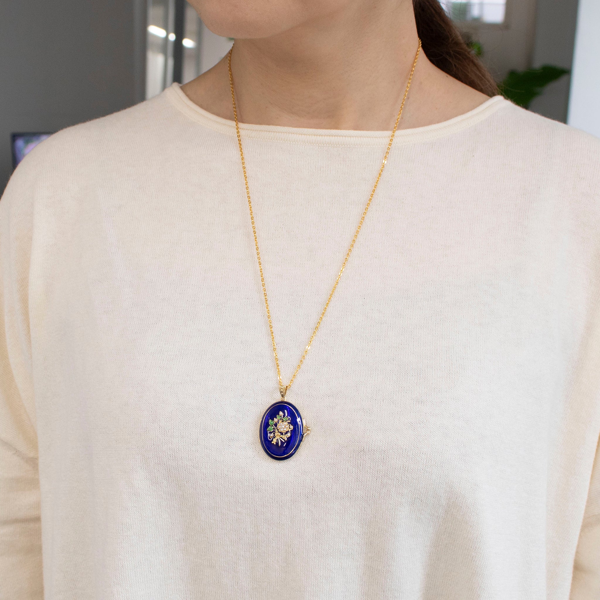 エナメル/パール シルバーネックレス(淡水真珠/ロケット/ロング/60cm)《25V03803》